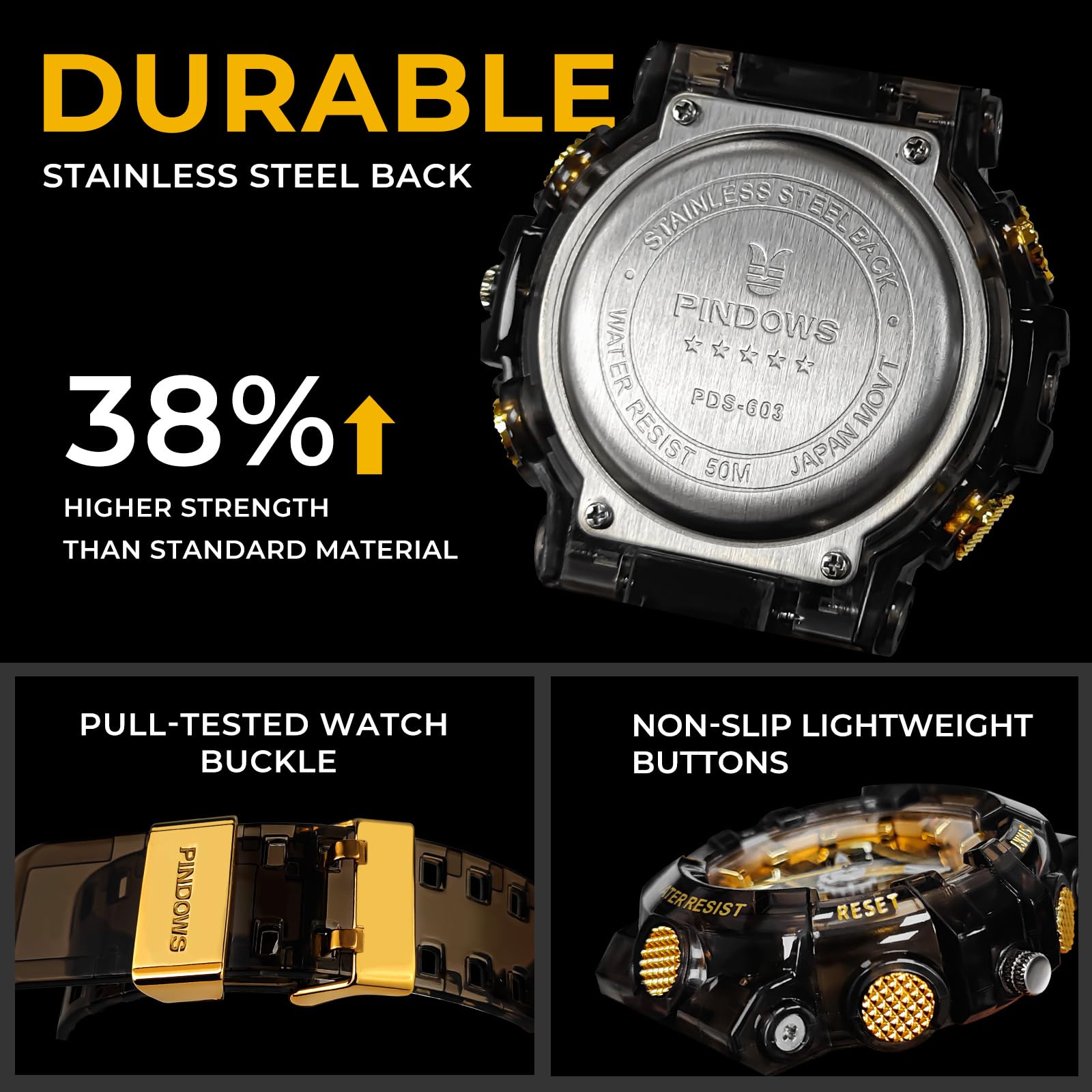 PINDOWS Orologi da uomo, con luce a LED, orologio sportivo grande digitale, analogico, doppio fuso orario, multifunzione, orologio da polso militare, 3 allarmi, conto alla rovescia, cronometro