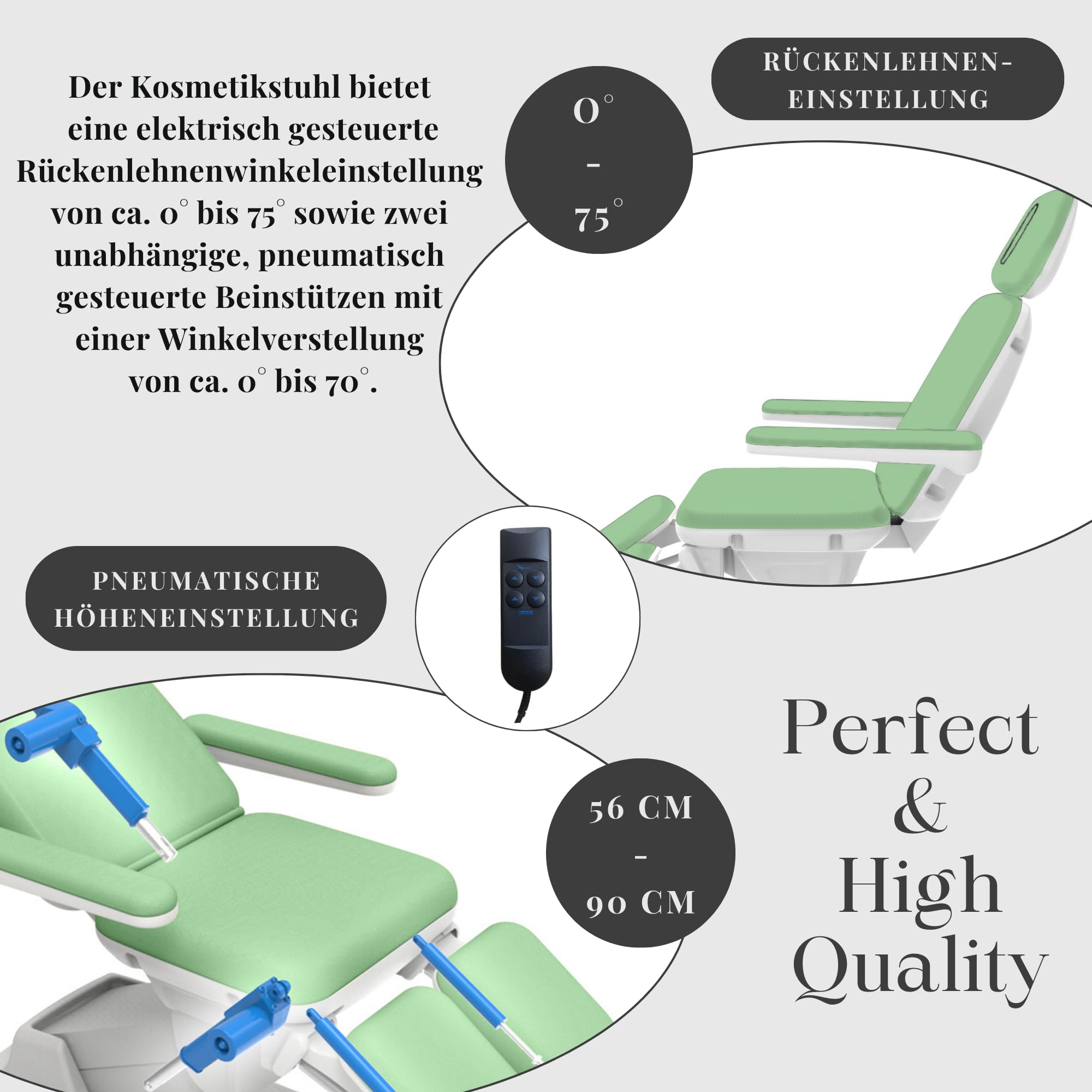 Elektrische Kosmetikliege/Kosmetikstuhl – Höhenverstellbar, belastbar bis 200 kg, mit Armlehnen und Verstellbarer Rückenlehne – Ideal für Beauty-Salons (Pastellgrün)