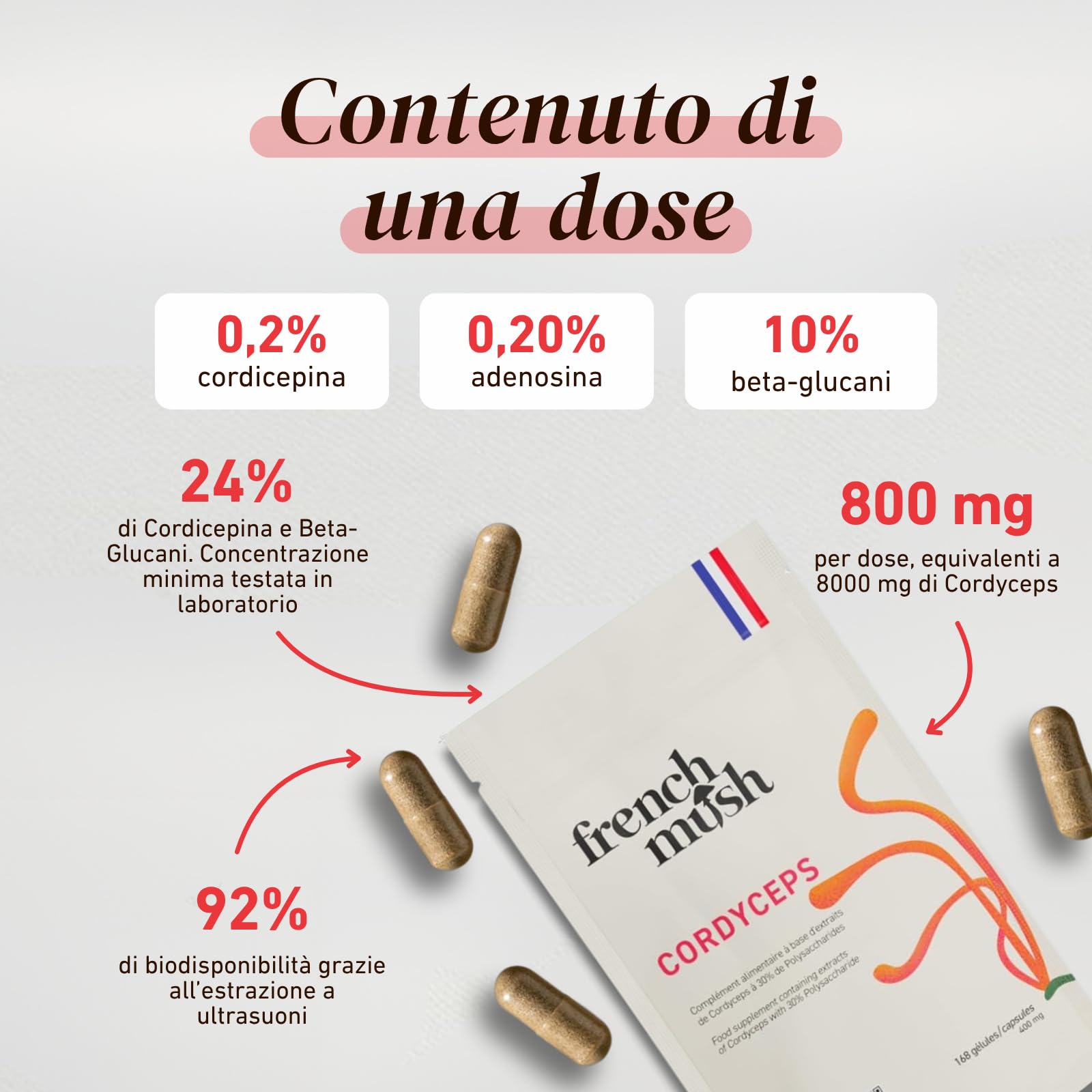 French Mush Doypack Cordyceps Bio - 168 Capsule Vegane - Benessere, Prestazioni Fisiche, Energia - 1 o 2 Capsule al Giorno - Integratore di Cordyceps
