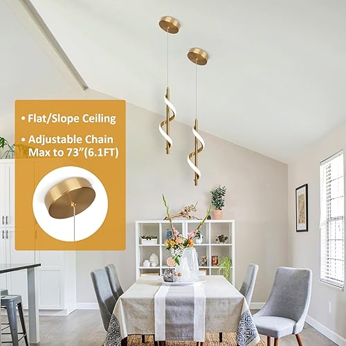Miniatura 6 de CANEOE Luz Colgante Dorada, Iluminación Colgante LED en Espiral Moderna para Isla de Cocina, 5500K Luminaria Colgante de Techo de Latón Cepillado