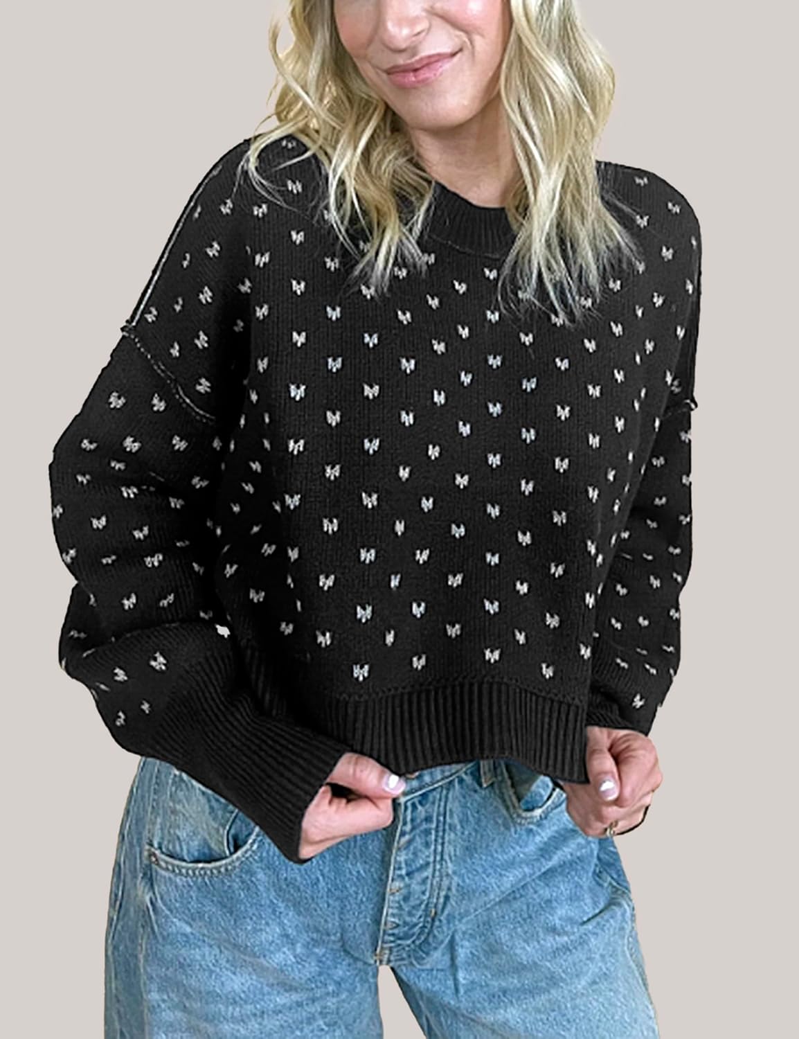 Womens Cropped Pullover Sweater Polka Dot Chunky Knit Sweater Floral Printed Crewneck Long Sleeve Fall Winter Outfits - Image 5