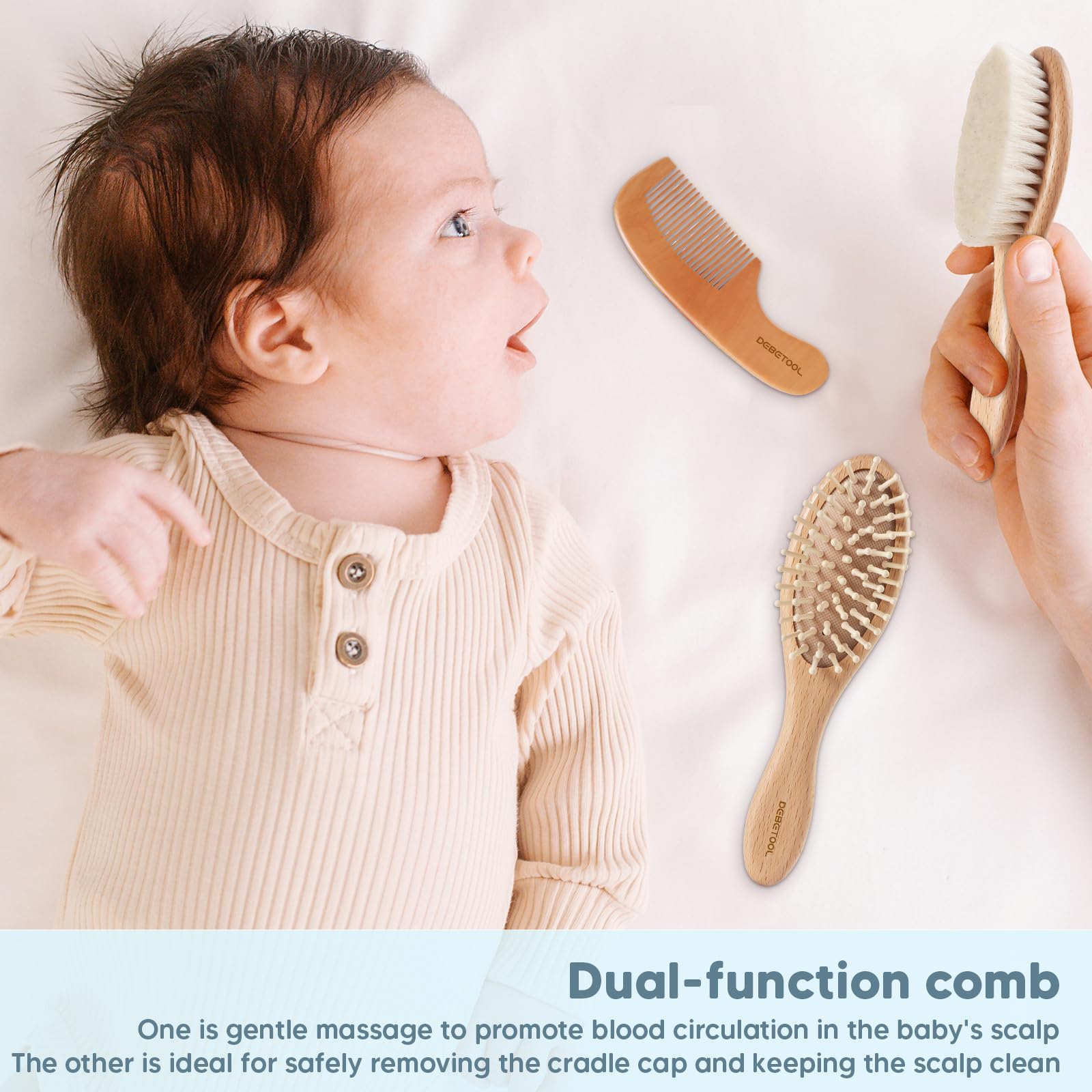 DEBETOOL Juego de cepillo y peine para recién nacidos y niños pequeños, juego de cepillo de madera para bebé con cerdas suaves de cabra y peine para niños pequeños, ideal para cuna