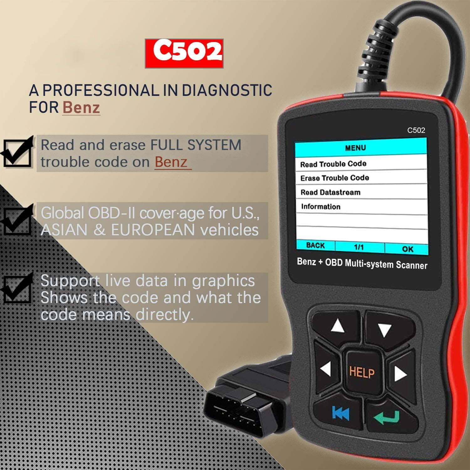 C502 OBD2 - Escáner de diagnóstico para comprobar la luz del motor EPB ABS SRS, herramienta de diagnóstico multisistema, lector de código, modos de comunicación OBD-II 1-10
