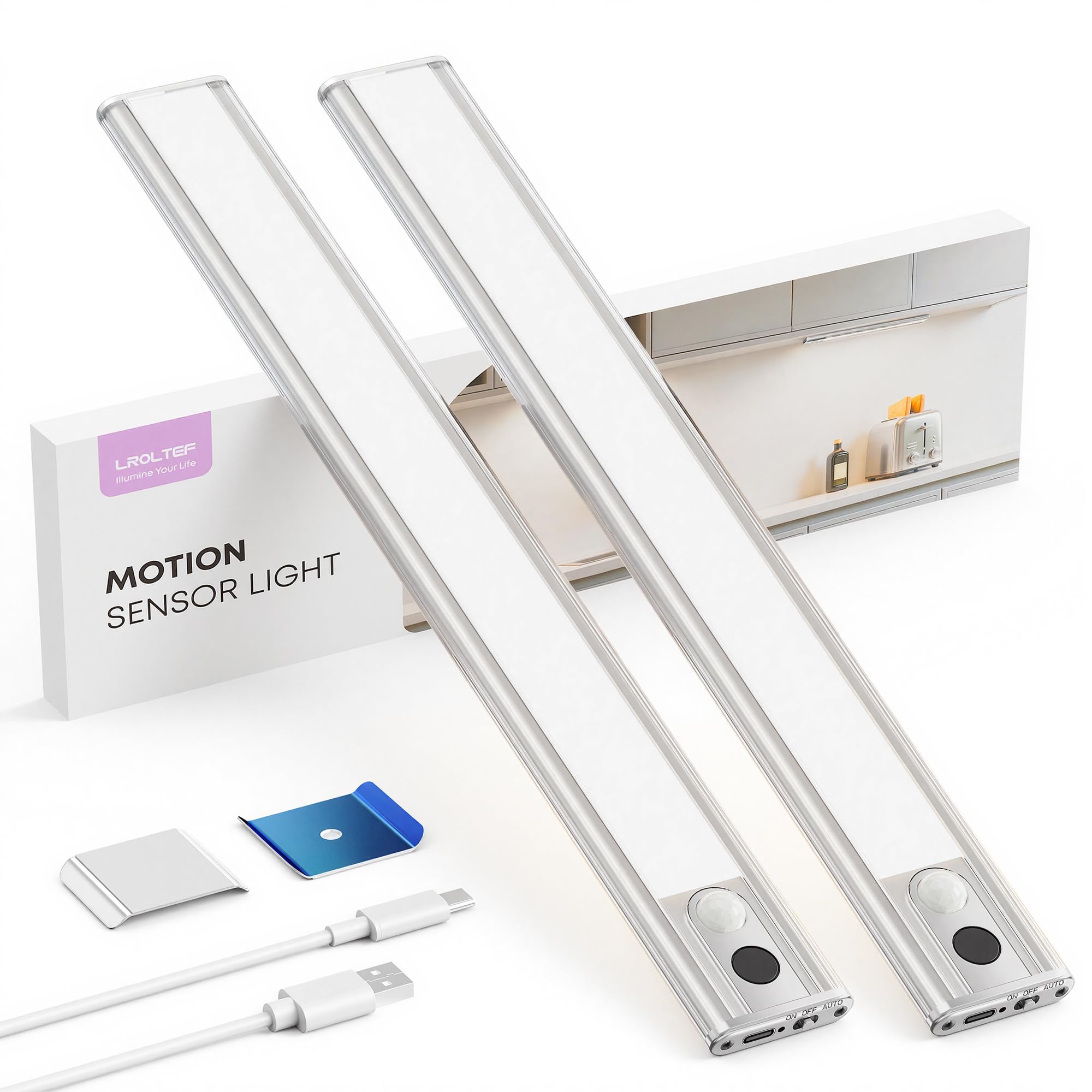 LROLTEF Luce LED Sottopensile Cucina Dimmerabile Lampada Cucina 26CM 6500K | 1800mAh Con sensore di Spostamento Manuale Armadio Sensore di Movimento Magnetica Ricaricabile per Cucina Adesiva 2P Argento