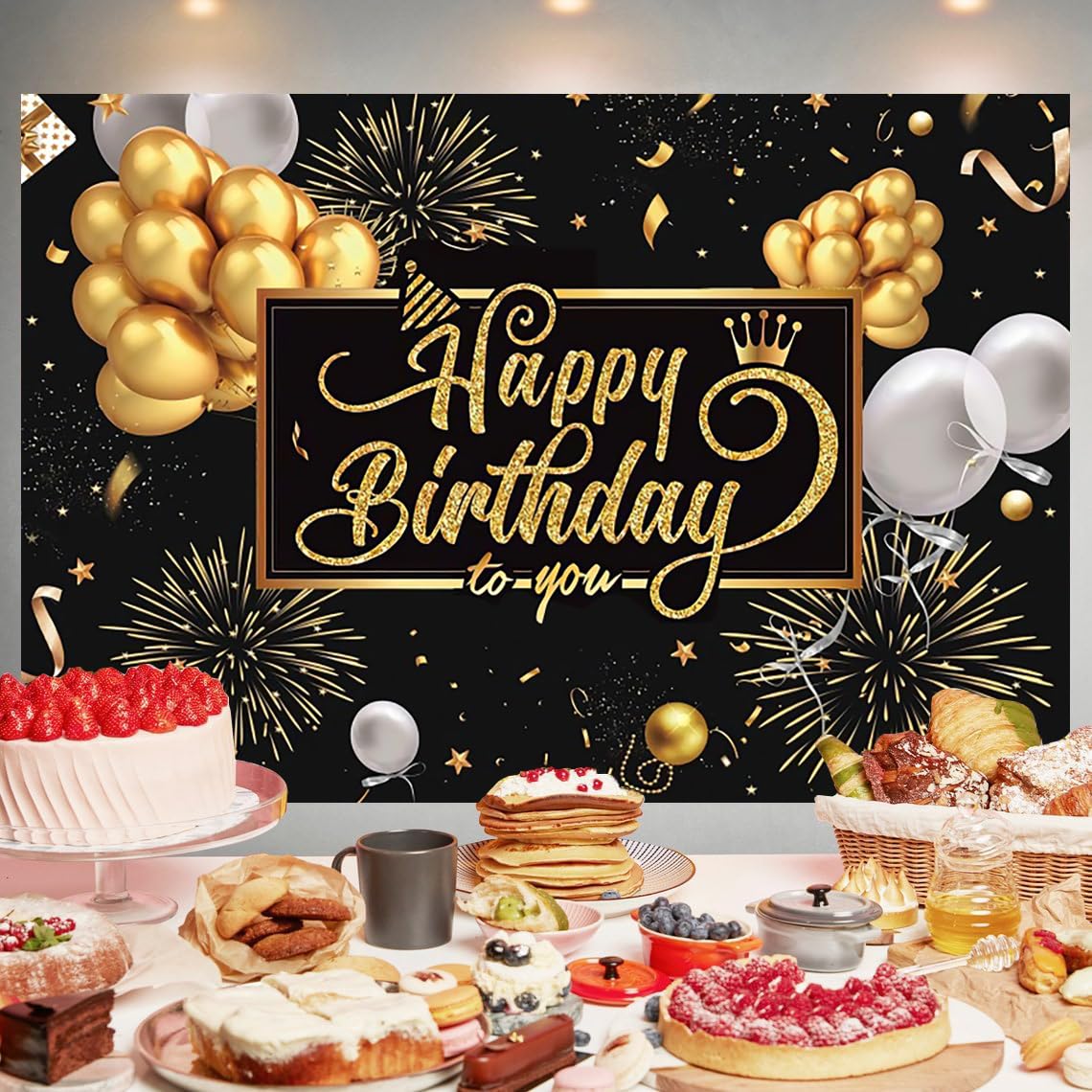Feliz cumpleaños Sfondo di compleanno spagnolo Palloncini in oro nero Decorazione di scena per feste di compleanno Banner Fondali fotografici per adulti  15