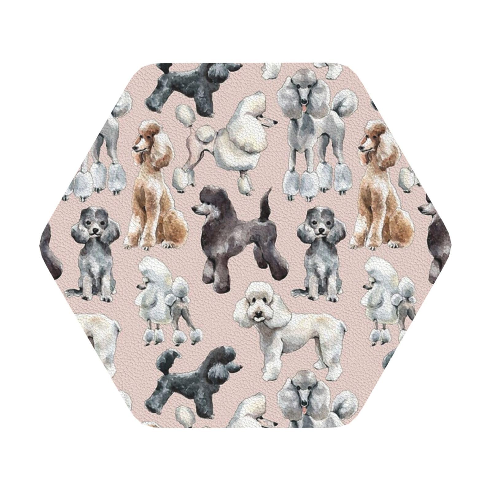Poodles Dogs PU Leather Coasters Set of 6 Hexagon Drink Coasters
