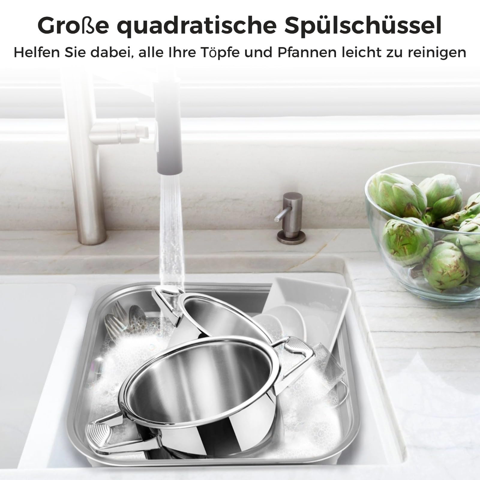 Cuenco de acero inoxidable para fregadero, cubeta cuadrada para cocina, lavabo de verduras y plato para el hogar, tamaño grande, 30 cm de diámetro interior, diámetro exterior de 12.9 pulgadas, parte