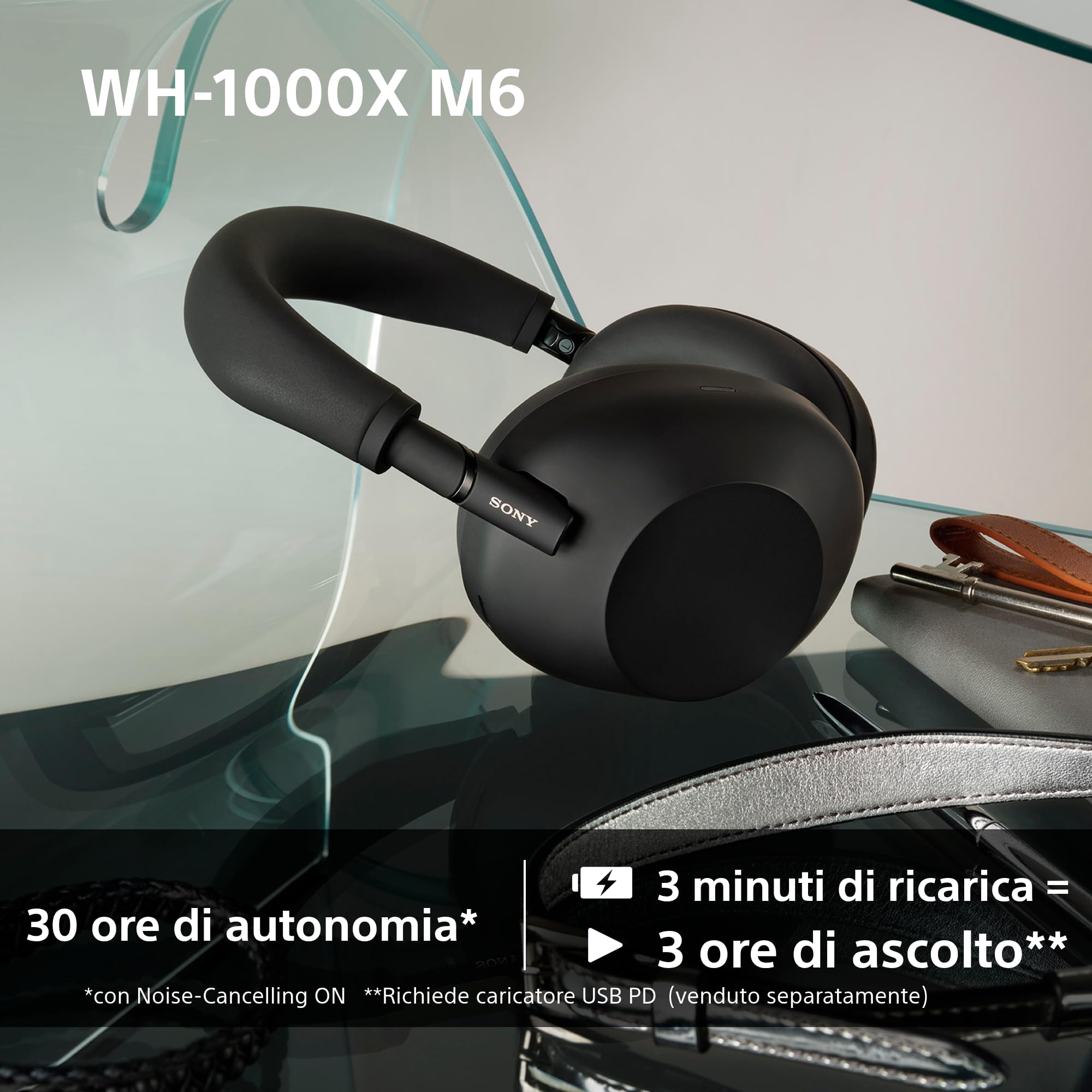 Sony WH-1000XM6 Cuffie wireless Premium con cancellazione del rumore, audio Hi-Res, massimo comfort, design pieghevole, custodia resistente, batteria da 30 ore NC On, iOS e Android - Black