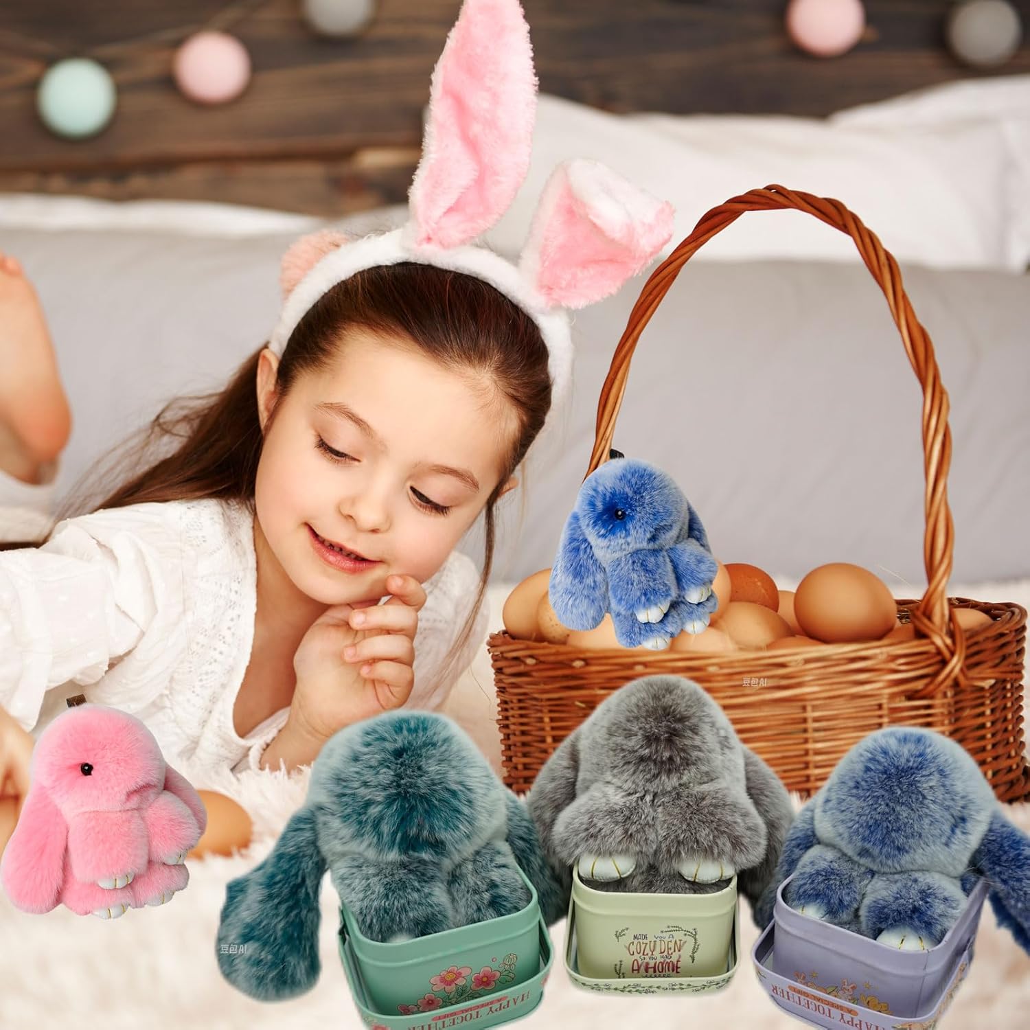 Bunny Keychain with Tin,Bunny Handmade Soft Pompom Charms,Fluffy Keychain Accessories for Womens - Image 2