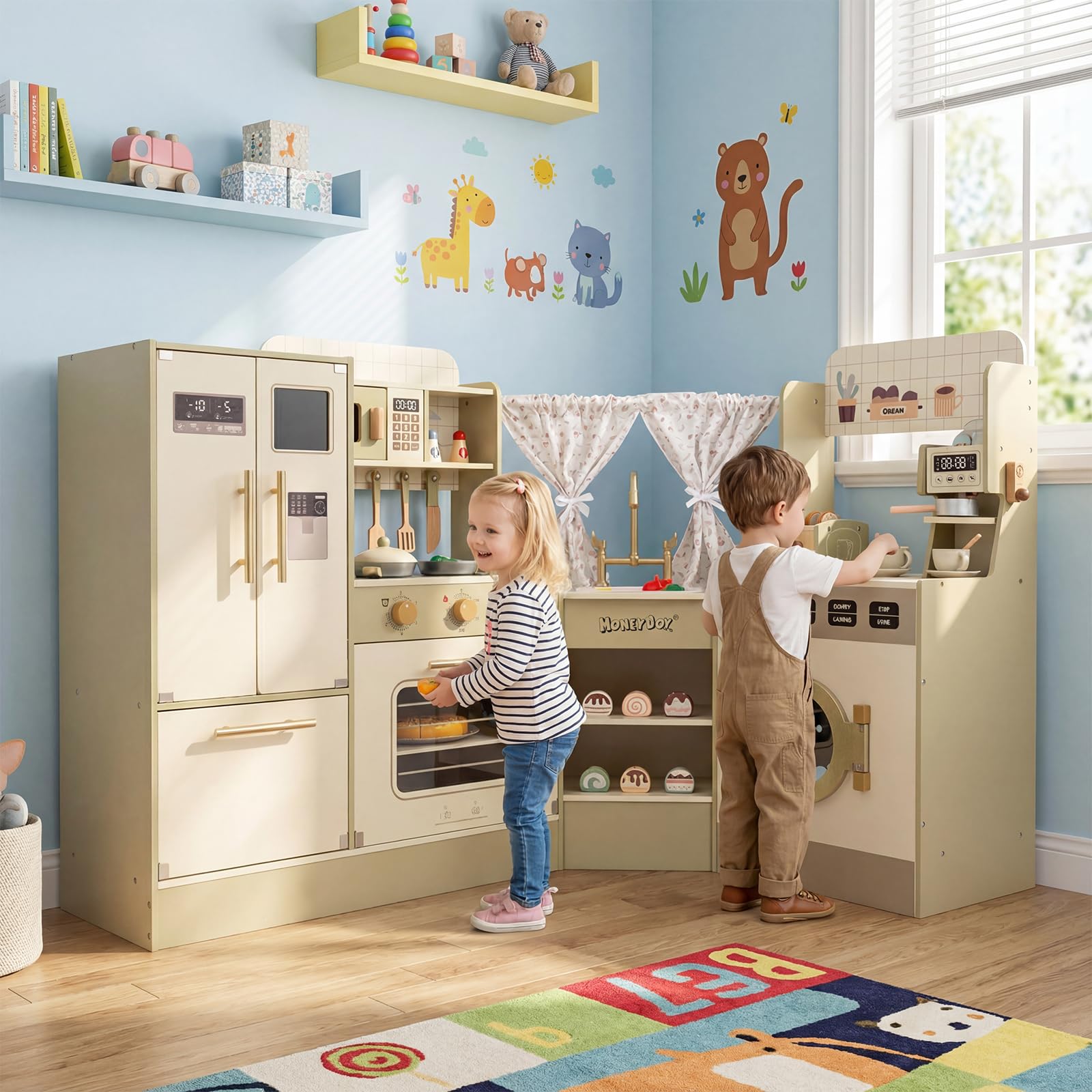 COSTWAY Kinderküche, Eck Spielküche mit Herd, Kühlschrank, Geschirrspüler, Kaffeemaschine, Mikrowelle & Toaster, Spielzeugküche mit 21 Zubehörteilen, Holzküche für Kinder ab 3 Jahren