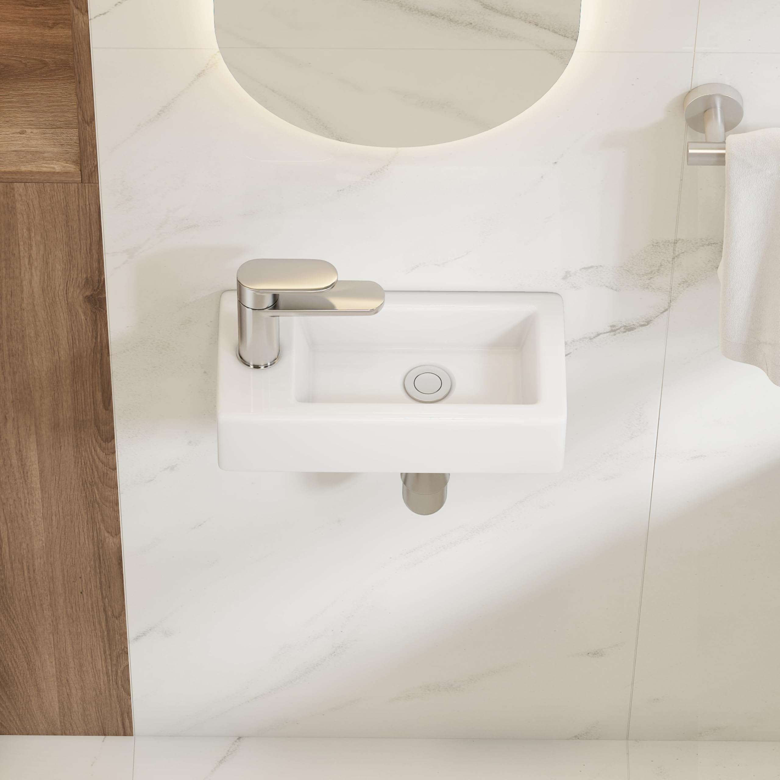 Eridanus Lavabo de baño, para colgar en la pared, ahorra espacio, rectangular de cerámica blanca, grifo izquierdo para lavabo, armario, inodoro, moderno lavabo pequeño (solo lavabo)