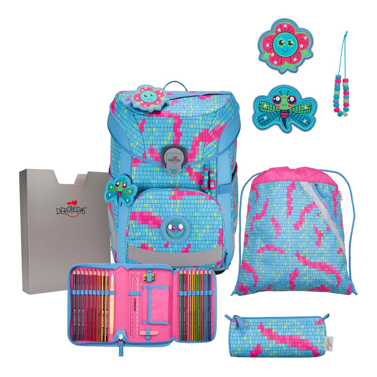 DerDieDas ErgoFlex Easy Set 5-teilig, leichter Schulranzen für die Grundschule – stabil, sicher & ergonomisch, höhenverstellbar, ca. 22,5 l Volumen, ca. 950 g Gewicht