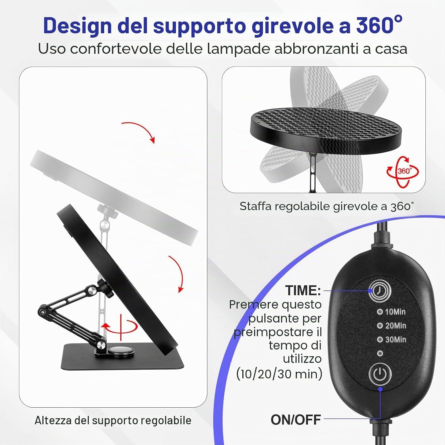 Lampada abbronzante a LED da 50 W, per casa, 460 NM, luce solare con 250 LED, regolabile a 360°, abbronzante con timer, colore: nero