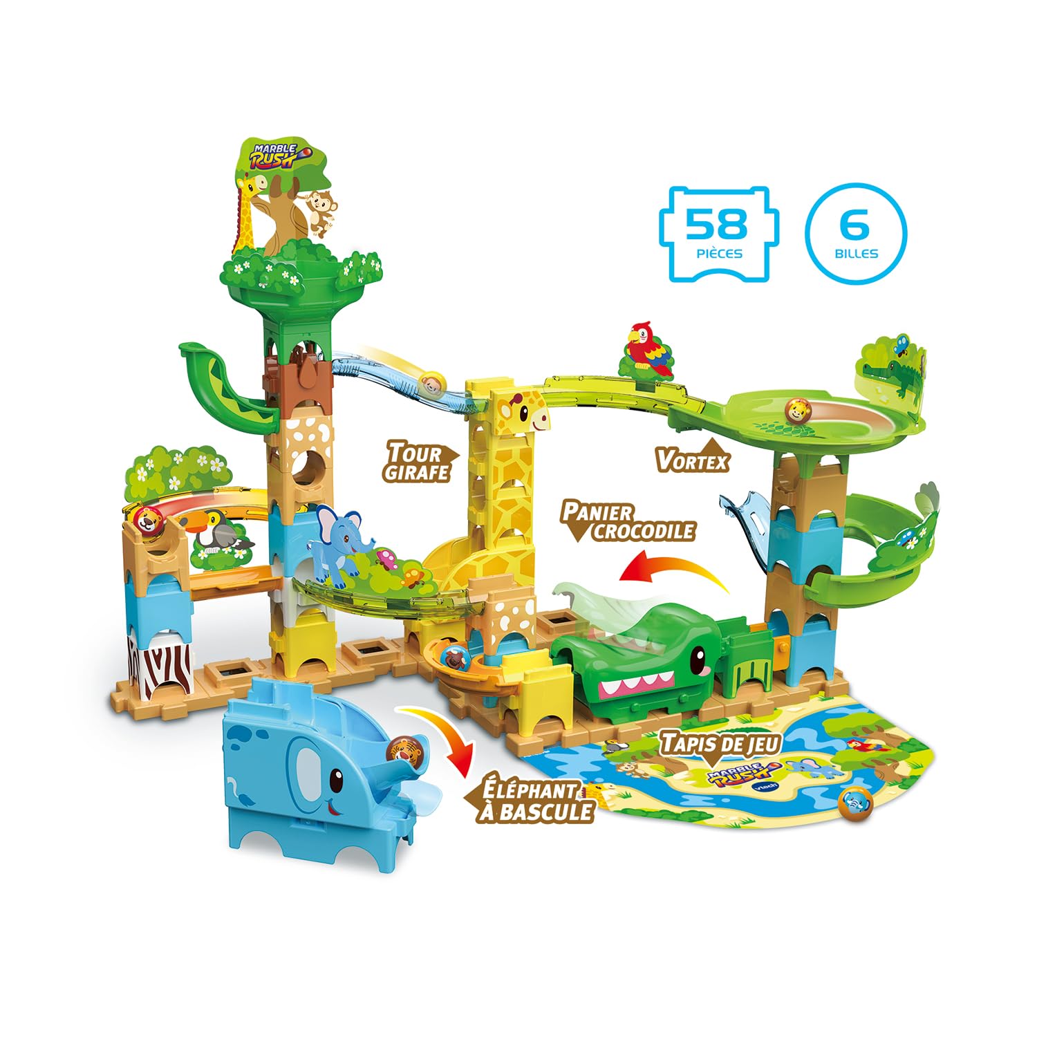 VTech - Marble Rush Junior Animal Set J100 - Circuit à Billes Enfant, 58 Pièces et 6 Billes - Jeu de Construction, Jouet Animaux de la Savane - Cadeau Enfant Dès 3 Ans - Contenu en Français