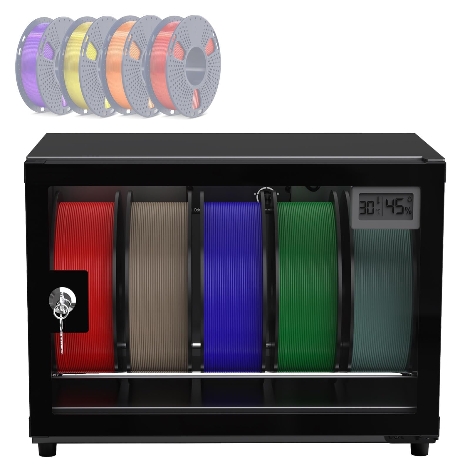 Gabinete seco de filamento para impresora 3D, gabinete deshumidificador de 25 L, rango de deshumidificación: RH25% – RH60%, diseño con cerradura, capacidad para 5 rollos de filamento, compatible con P