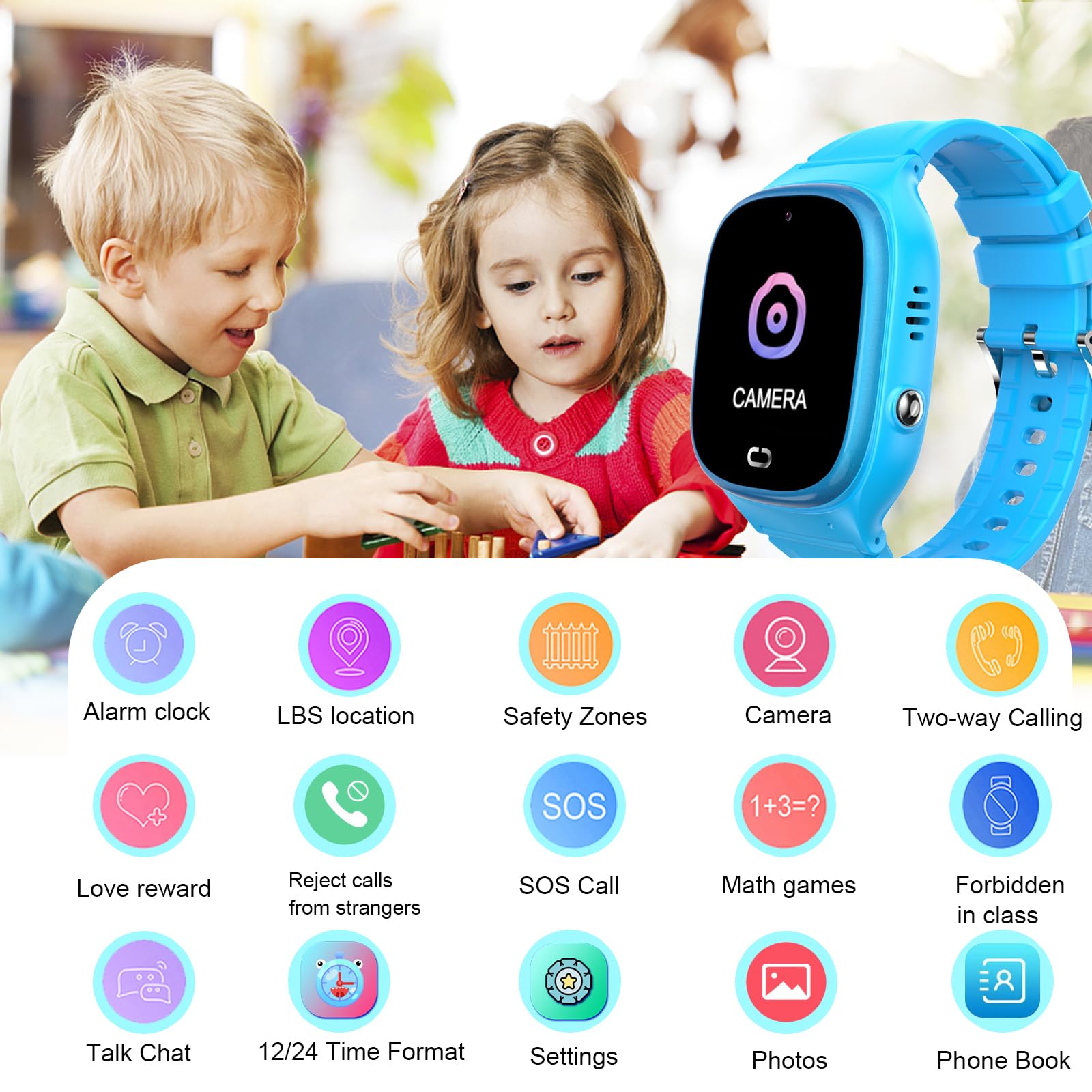 Reloj Inteligente LBS con Cámara SOS, Chat de Voz, Alarma 12 Horas, Tiempo 3-12 - Regalos de Cumpleaños para Niñas (Azul)