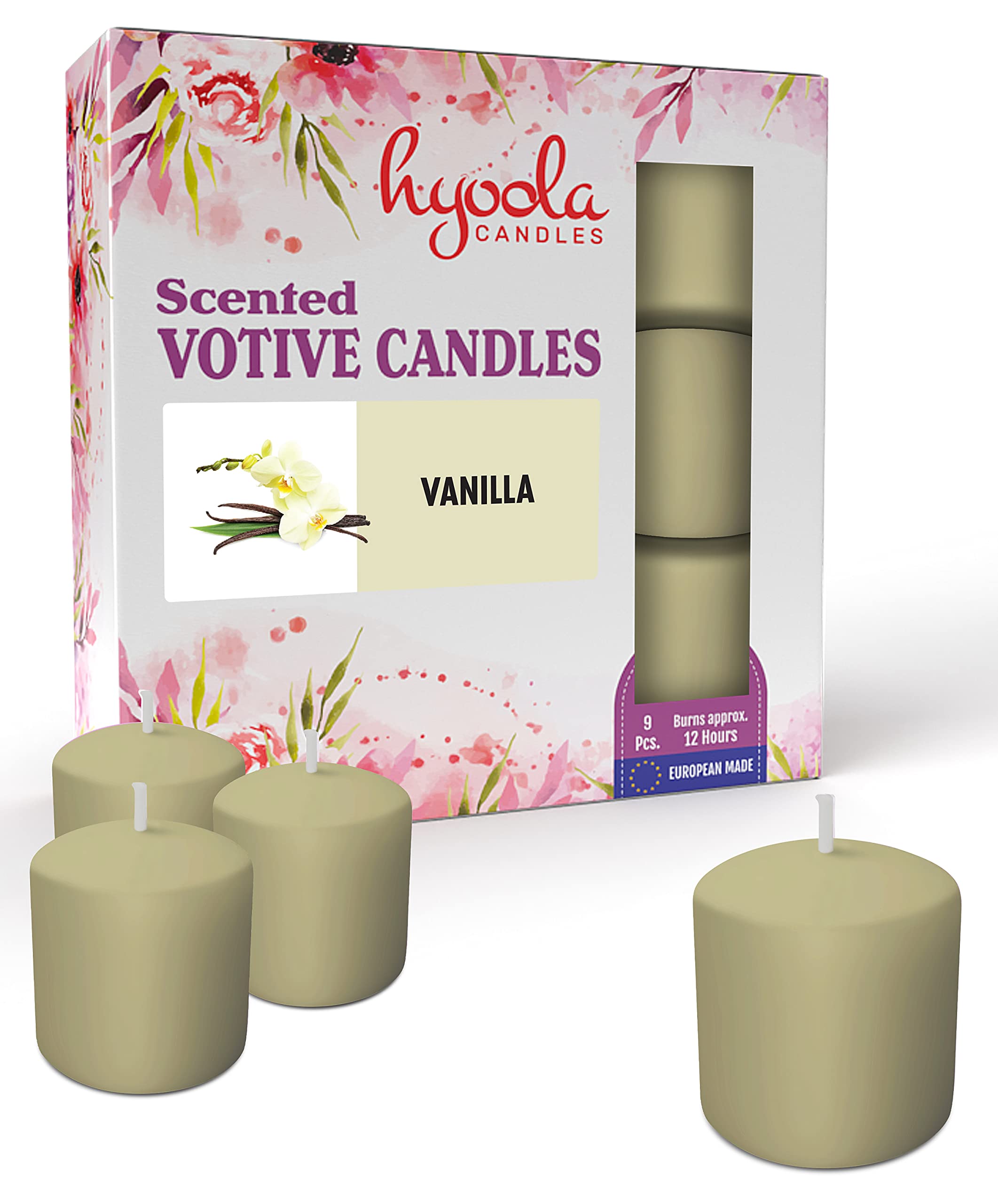 HYOOLA Scented Votive Candles - Vanilla Votive Candles Scented -12 Hour Burn Time - 9 Pack - European Made