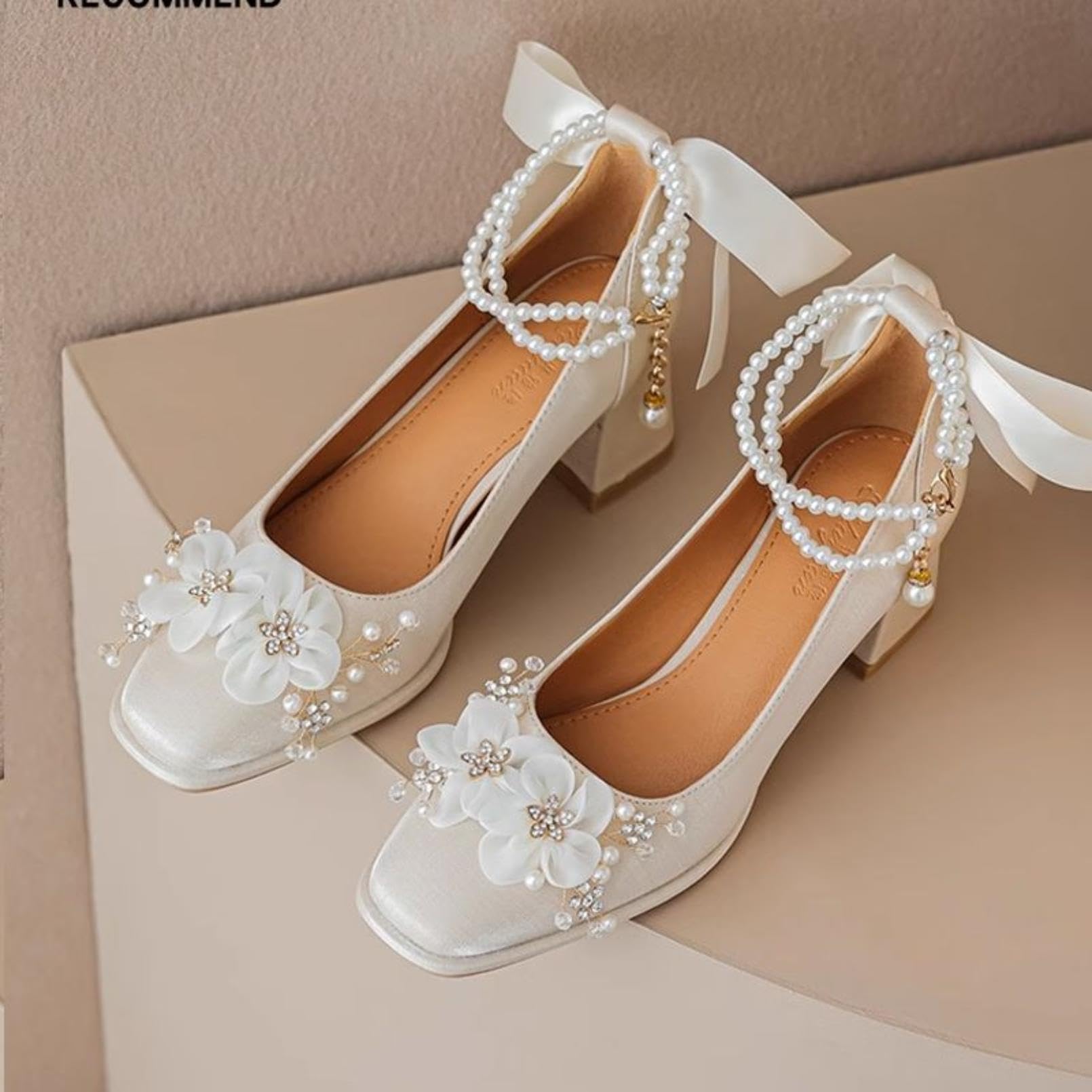 Generico Scarpe da Sposa in Raso con Punta Quadrata da Donna | Cinturino Alla Caviglia Scarpe Da Ballo Per Feste Con Fiocco, Tacco Grosso Alto DéColleté Da Vestito Con Motivo Floreale