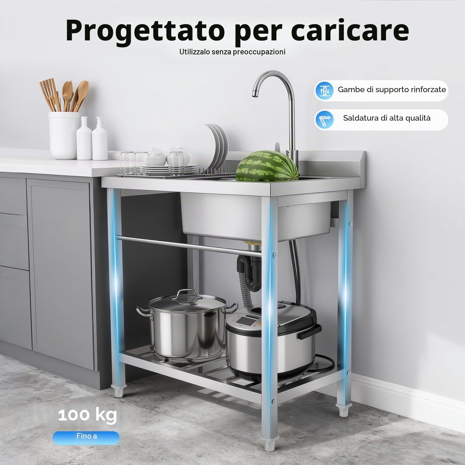 Lavello in acciaio inox, 80 x 55 x 84 cm, autoportante, portata 100 kg, per ristoranti, cucine, lavanderia (lavello destro)