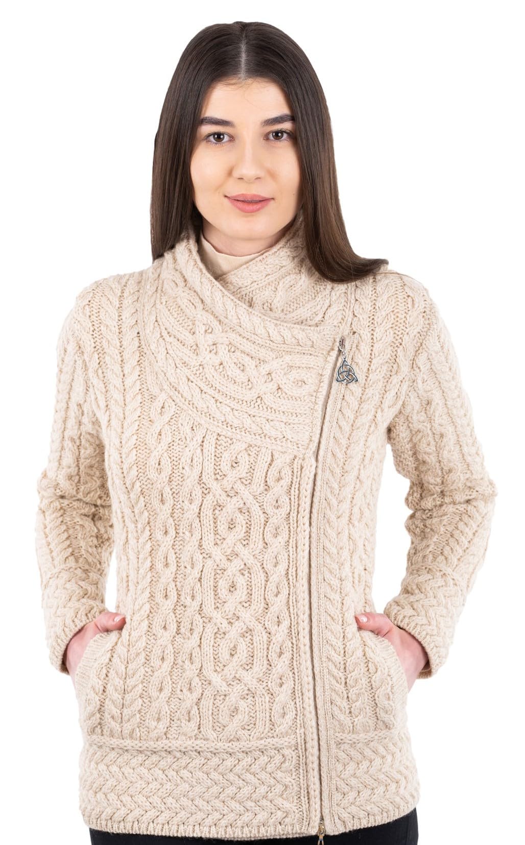 SAOL Irish Cardigan for Women Made of 100% Merino Wool Ireland Sweater Cable Knit Zip Jacket, Parsnip, S