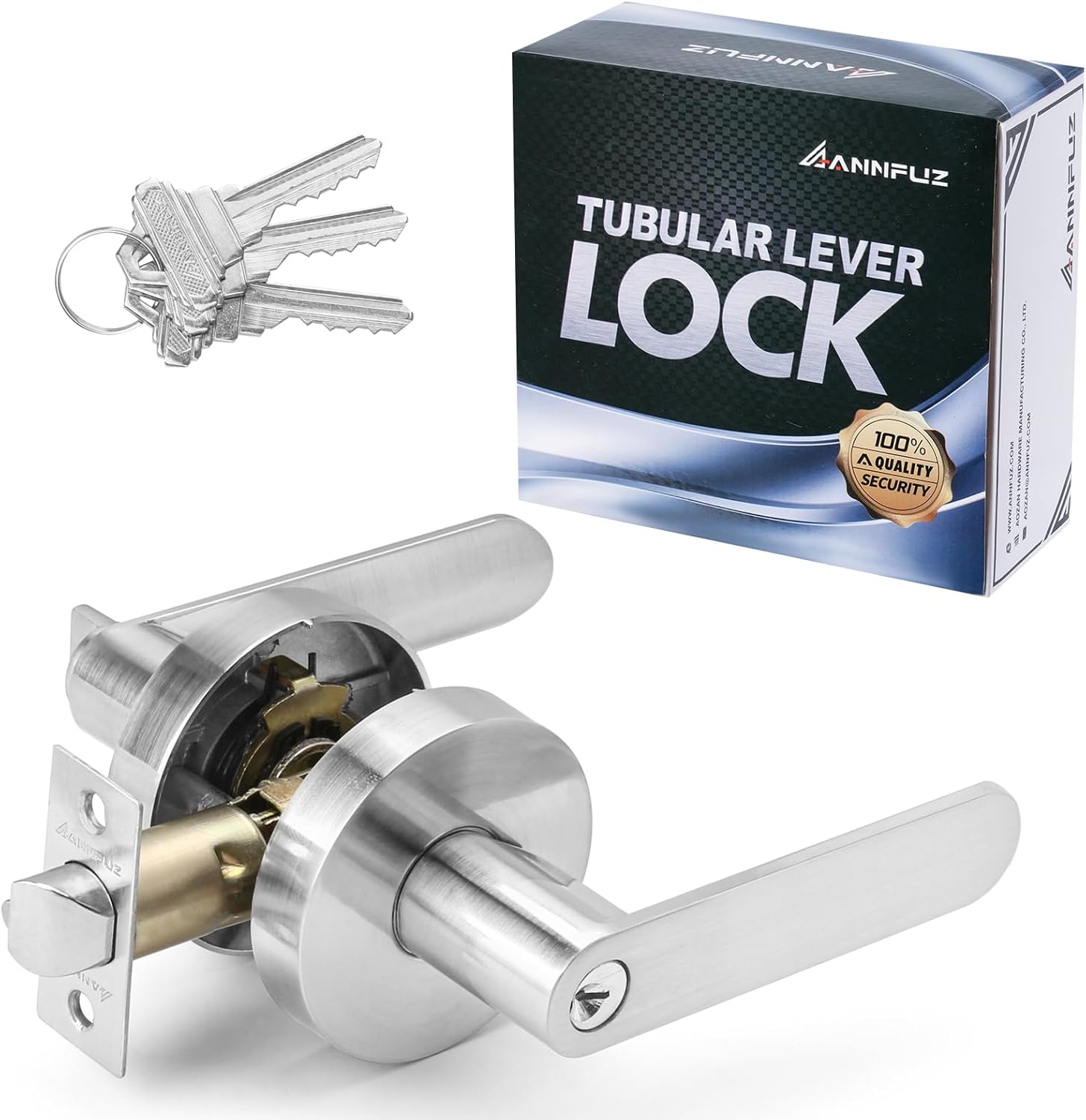 Entry Door Handle Lock with Keys,Reversible Handle for Left & Right Opening, Entrance Keyed Heavy Duty Round Door Lever Lock for Exterior & Interior Front Door,Bedroom,Bathroom(Satin Chrome)