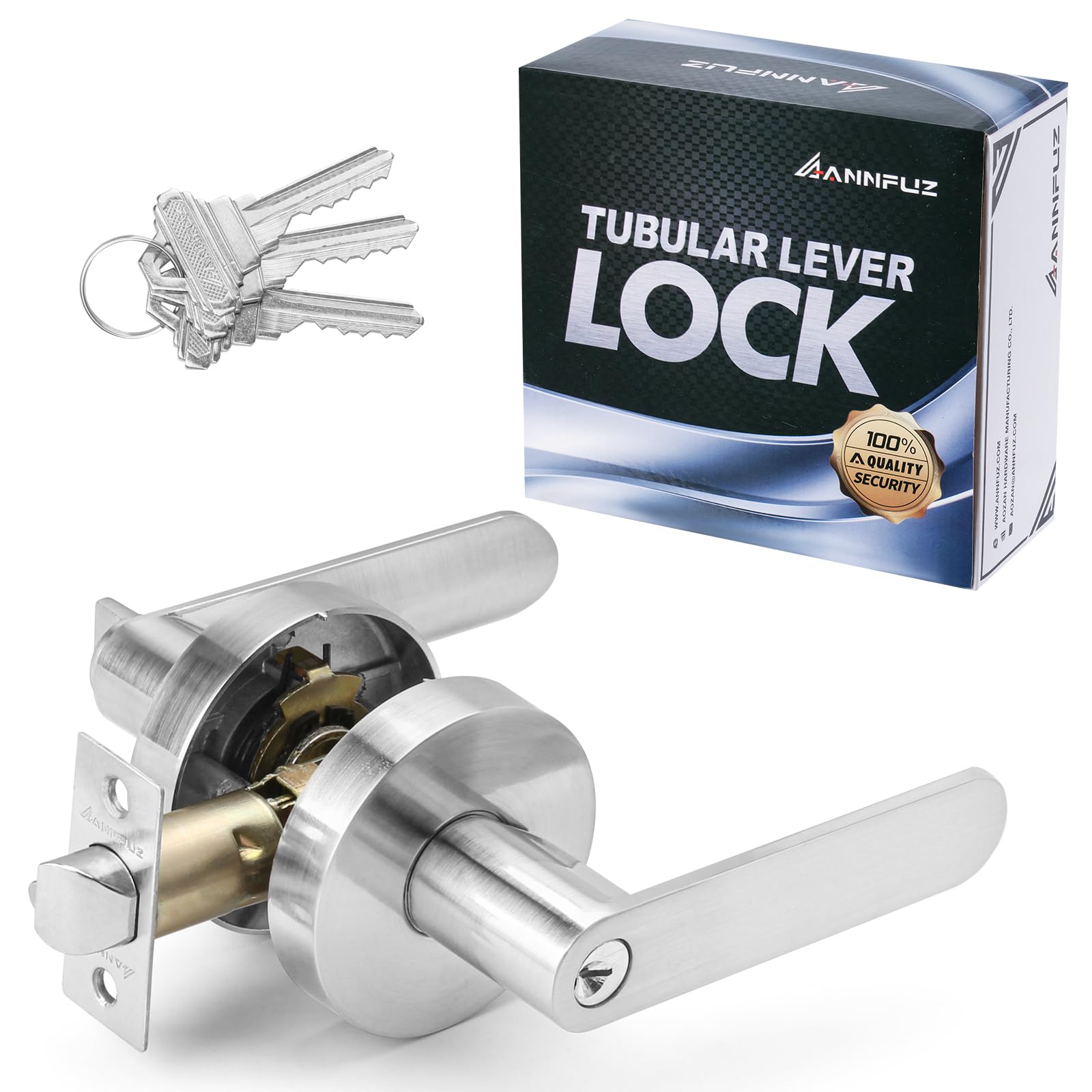 ANNFUZ Entry Door Handle with Lock and Keys,Secure Keyed Round Lever Exterior,Interior,Reversible for Left Right Sided Door Heavy Duty for Front Entrance Door and Bedroom,Bathroom(Brushed Nickel)