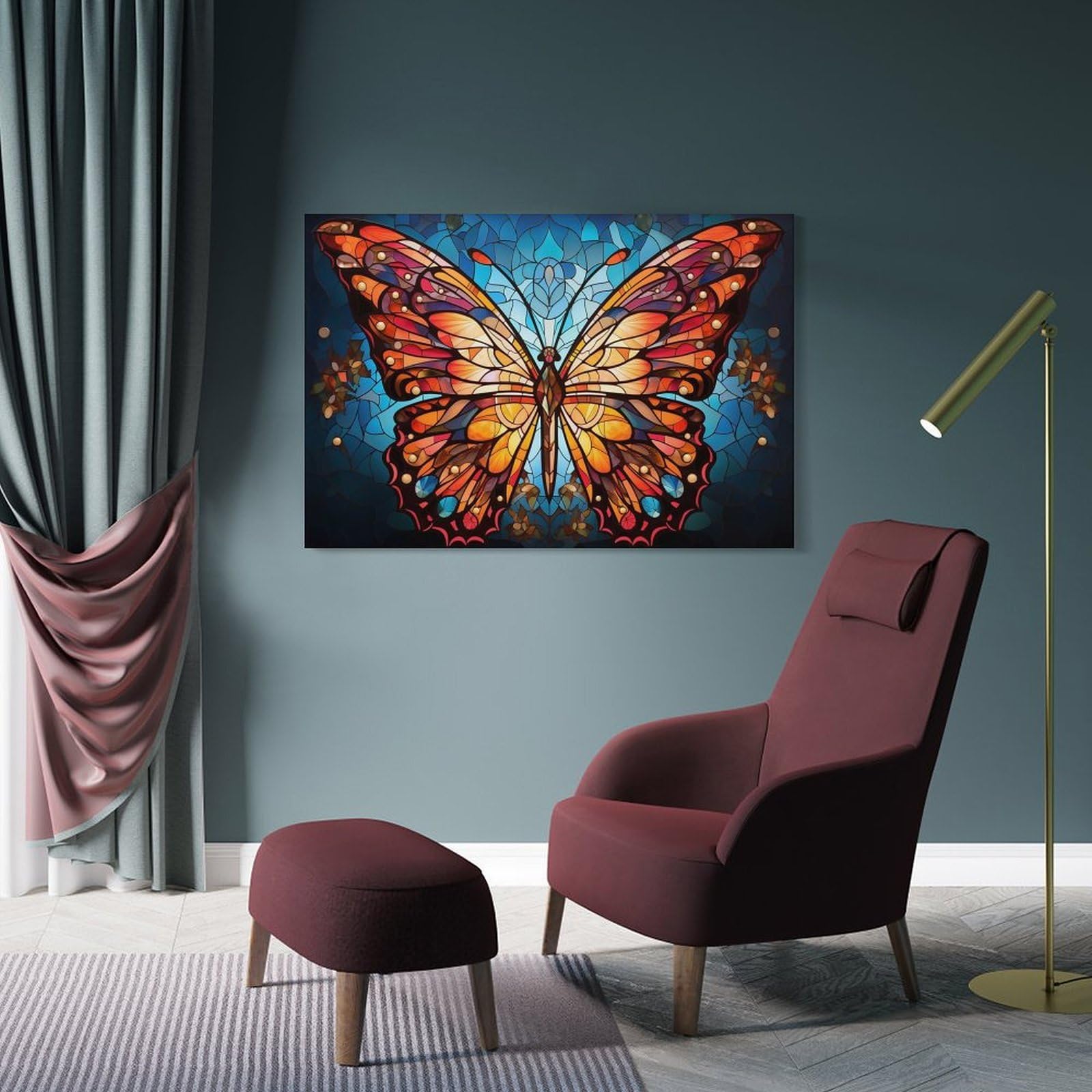 Junmoney Canvas Wall Decor Butterfly Stained Glass Poster, Picture, Metal Print, Paint by PERMADI, 24x36inch(60x90cm), for Bedroom, Guest Room Or Reading Nook, Decorative Wall Art for Cosy Rooms