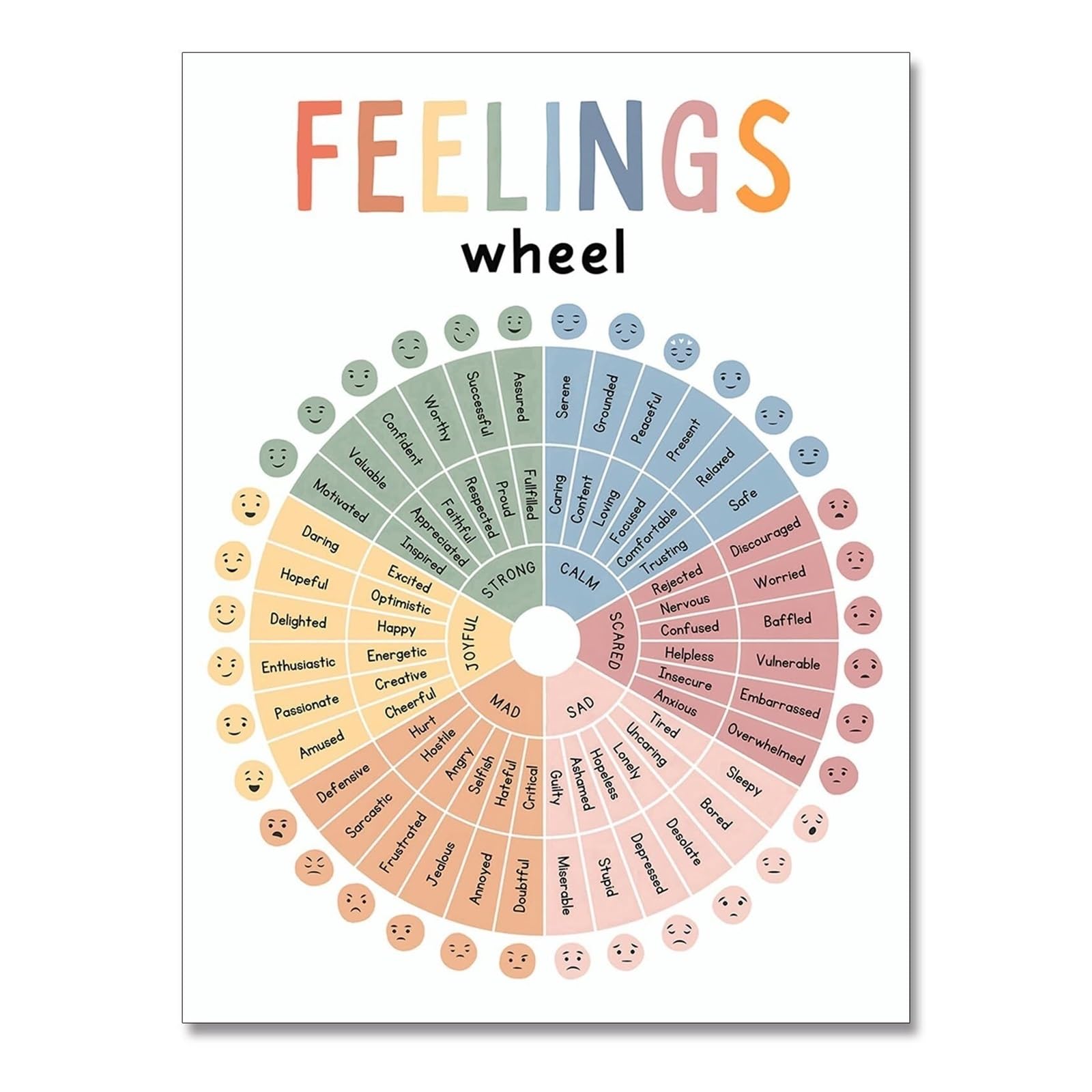 MDBJTCYZN Social Emotional Learning Poster - Feelings Wheel Emotions Chart for, Calm Down Corner Decor, Preschool & Elementary Classroom Must Have​(Framed,12x18inch(30x45cm))