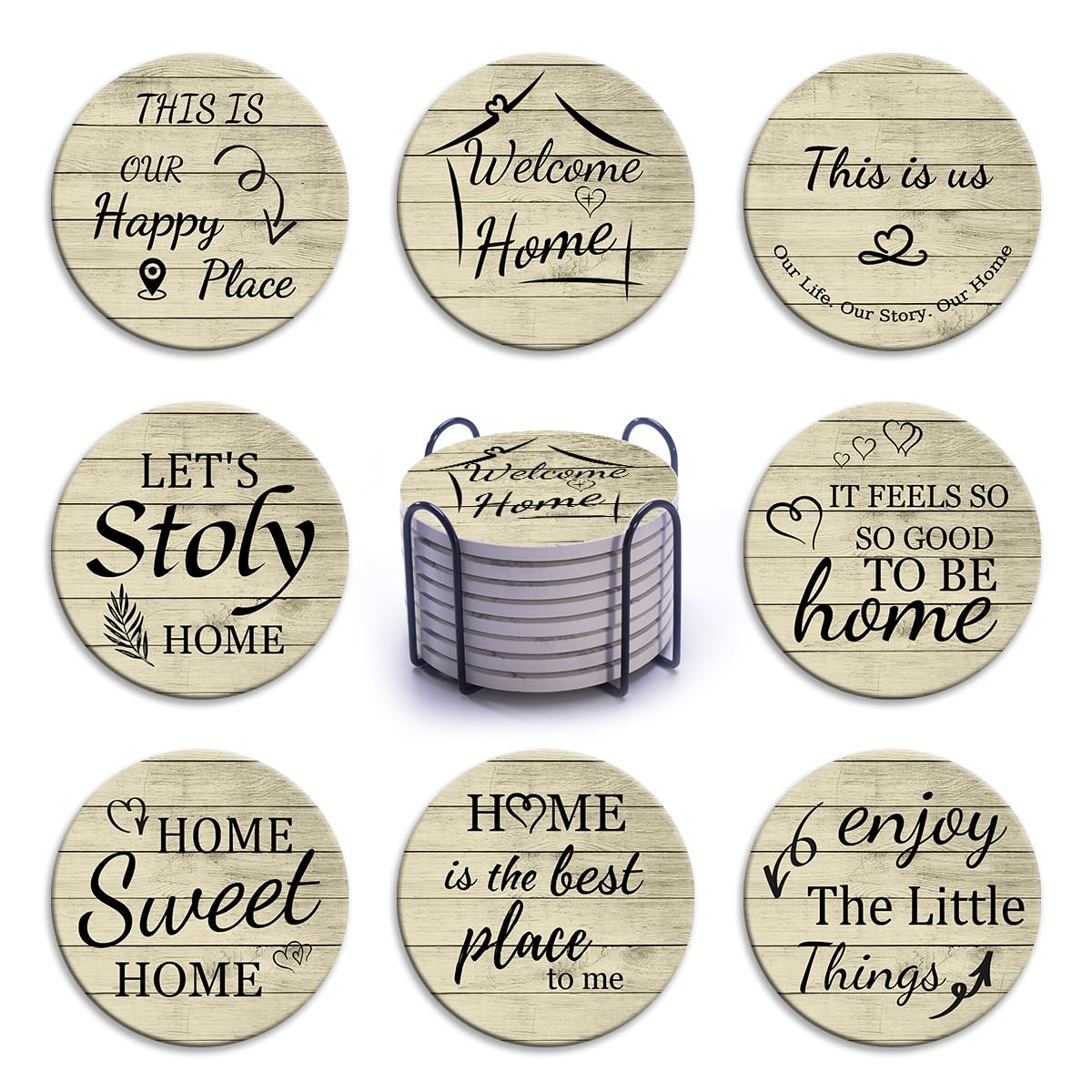 Farmhouse Coasters Set of 8, Retro Wood Grain Ceramic Drink Coaster for Coffee Table Decor, Funny House Warming Gifts for New Home Office