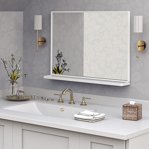 ANYHI Espejo de pared de baño blanco de 32 x 24 pulgadas con estante espejo de baño moderno para pared espejo rectangular para colgar en la pared