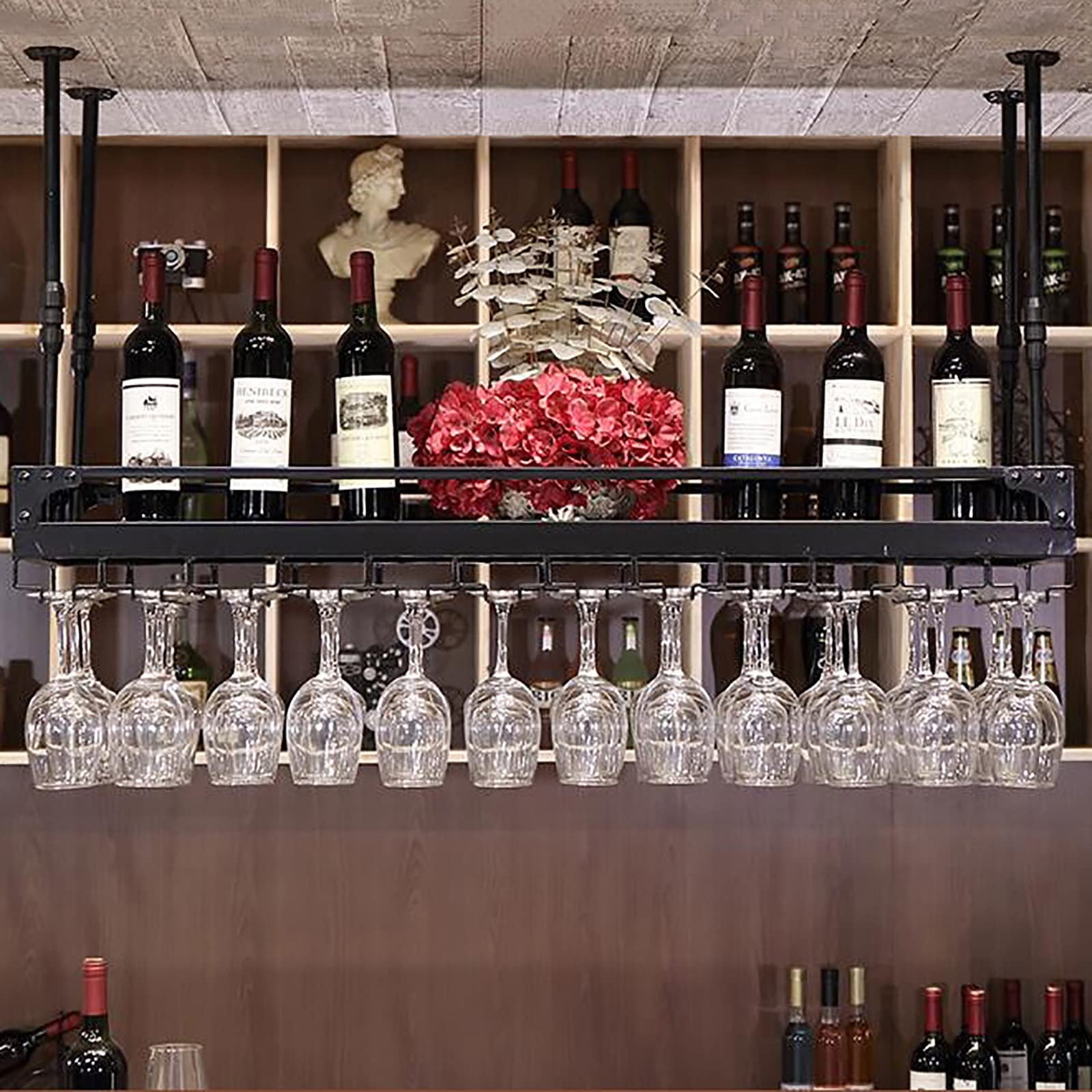 Support de verres à pied suspendu et casier à vin en métal réglable