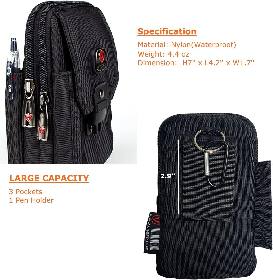 Large Multi-Purpose Nylon Cell Phone Belt Holster for iPhone 16 Pro Max Case 15 Pro Max Galaxy S25 Ultra A15 5G Universal Dual Smartphone Pouch with Belt Loop Clip for Men for 2 Mobile Phones image 5 of 8 B016BP0D1S