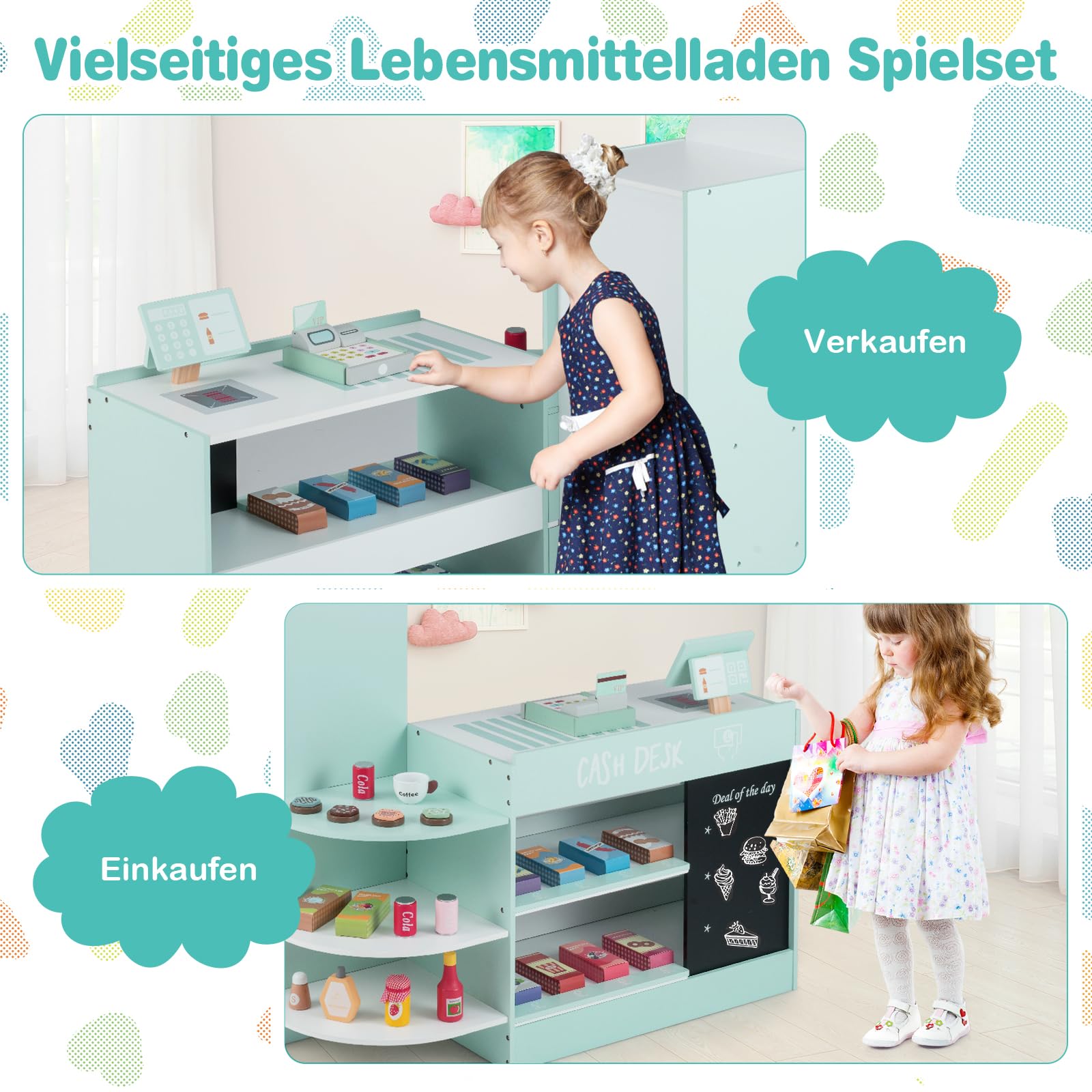 GOPLUS Kinder Kaufladen, Supermarkt aus Holz, Kaufmannsladen mit mit Kasse, POS-Automat & Verkaufsautomat, Einkaufsladen Rollenspiele mit 15 Zubehör & Tafel für Kinder von 3-8 Jahren (Minzgrün)