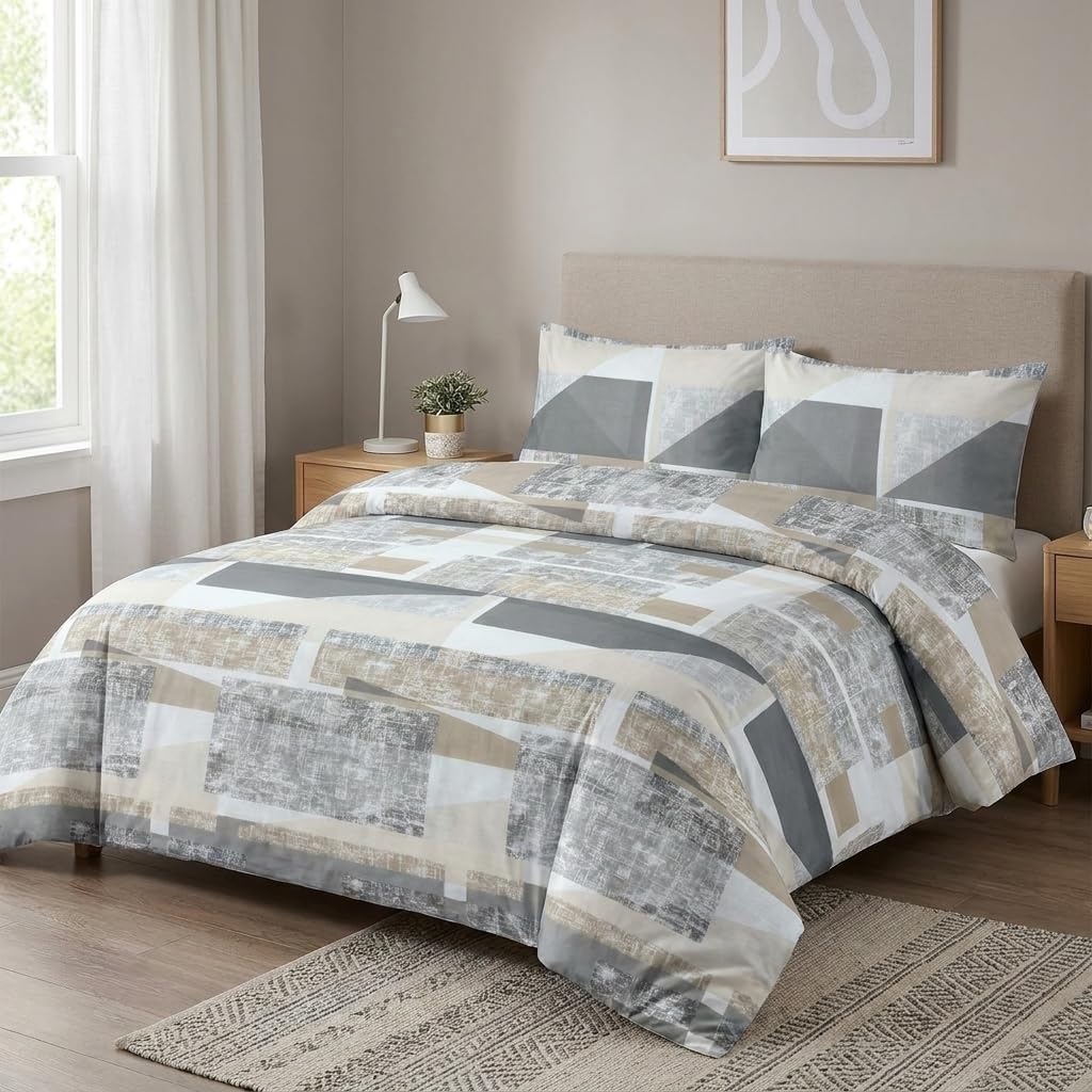 M&J Home 3 Piece King Size Duvet Cover Set, Geo Modern, Polycotton Blend 132 Thread Count, OEKO-TEX Certified, Button Closure, Includes Duvet Cover & Pillowcases