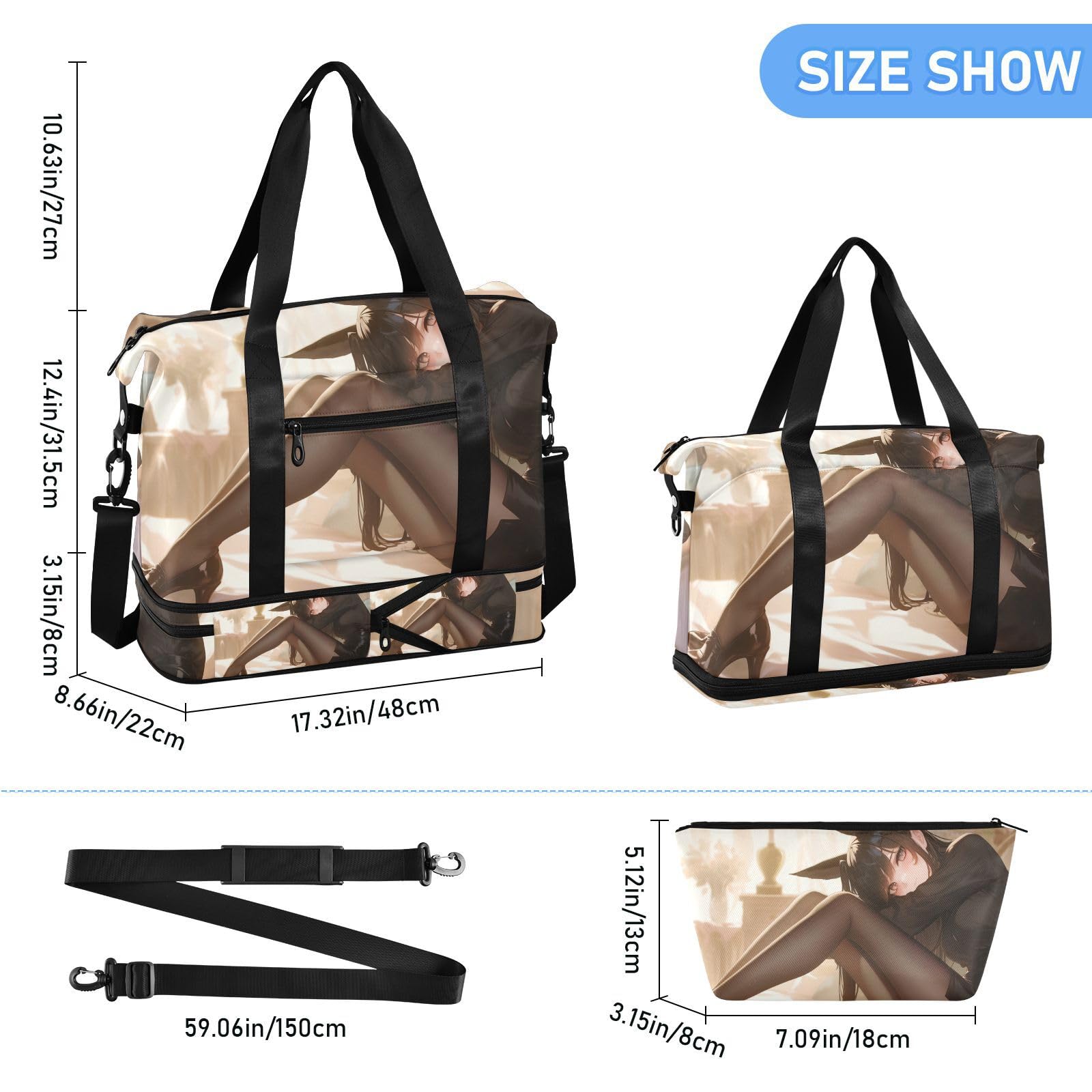 Black Bunny Anime Beauty Overnight podróżna torba sportowa z kieszenią na mokro regulowany pasek torba podróżna torba na siłownię na podróże służbowe wielofunkcyjna dla mężczyzn kobiet