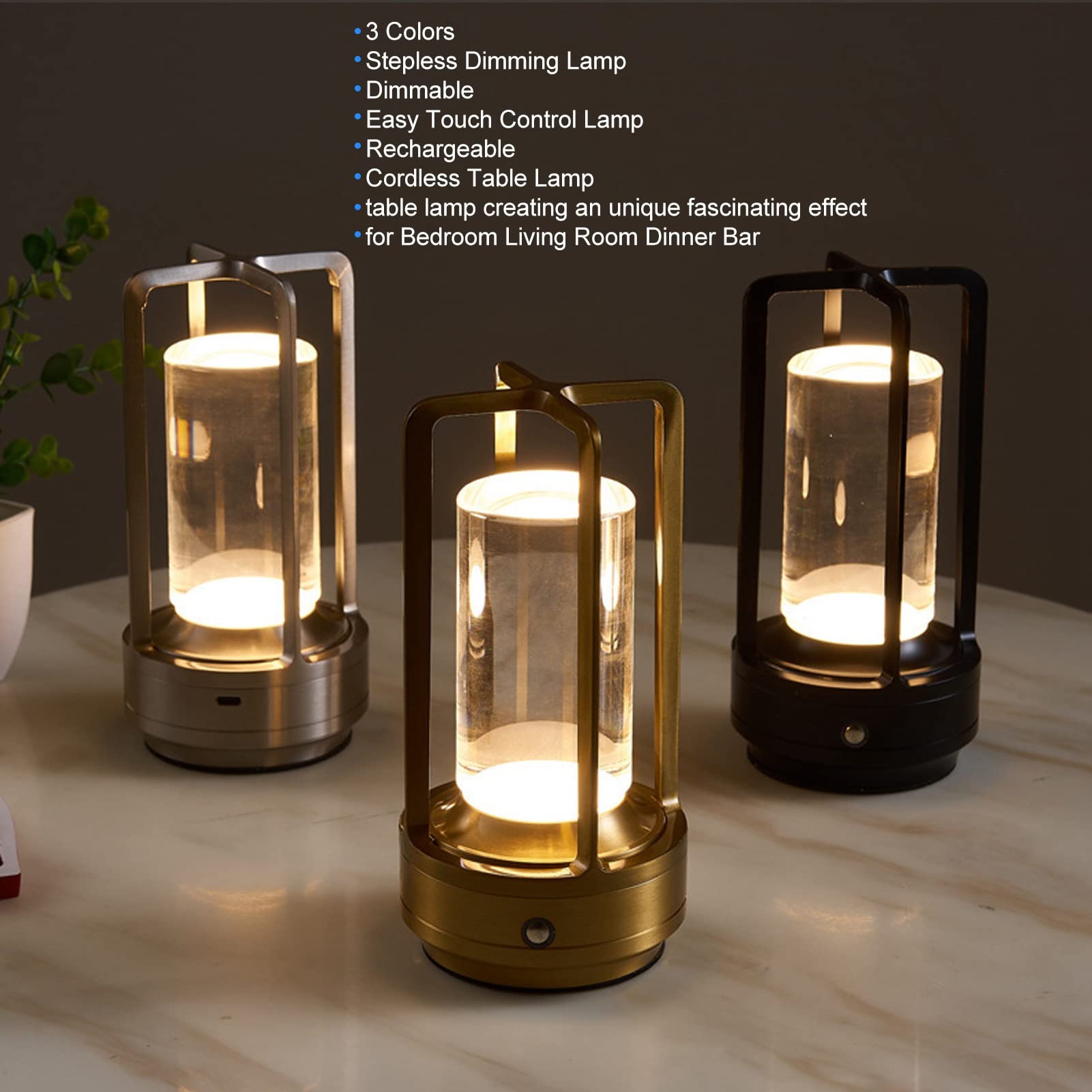 Syrisora Lámpara de mesa inalámbrica de 3 colores con atenuación continua, lámpara de mesa LED, recargable, lámpara táctil para mesita de noche (negro)
