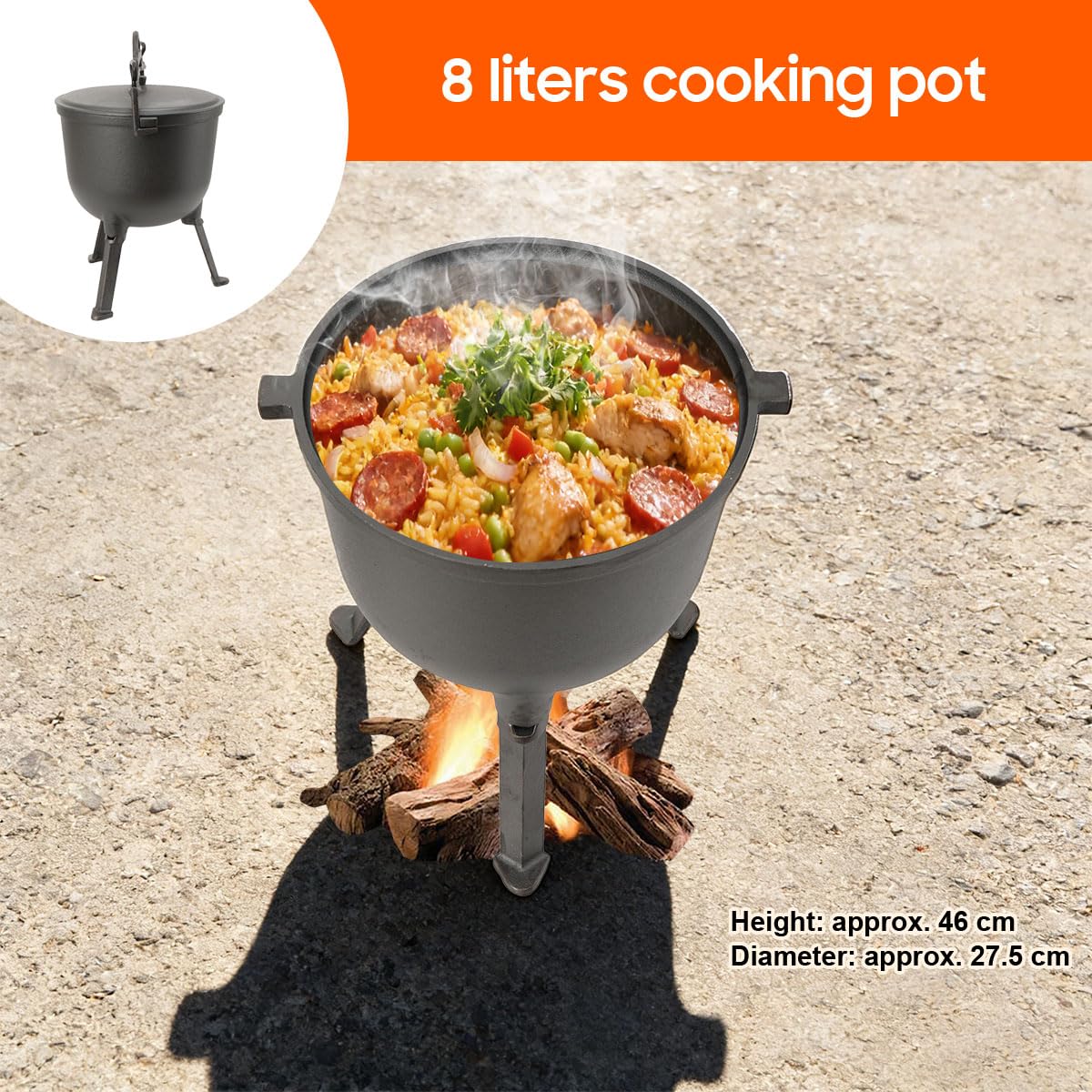 Marmite à goulasch 8 l - Chaudron en fonte - Avec pieds et couvercle - Cuisine en plein air