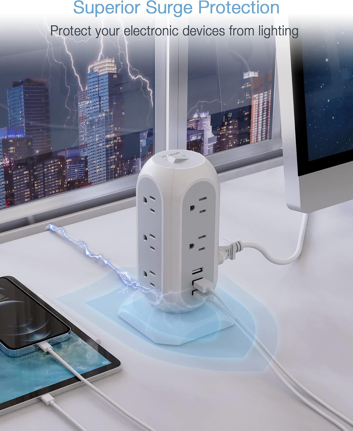 Surge Protector Power Strip 10 Ft Cord, 11 Outlets 3 USB Chargers, TESSAN Tower Power Strip with Multi Plug Outlet 1875W/15A, 1050J, Flat Plug, Office Supplies, School, Dorm Room Essentials
