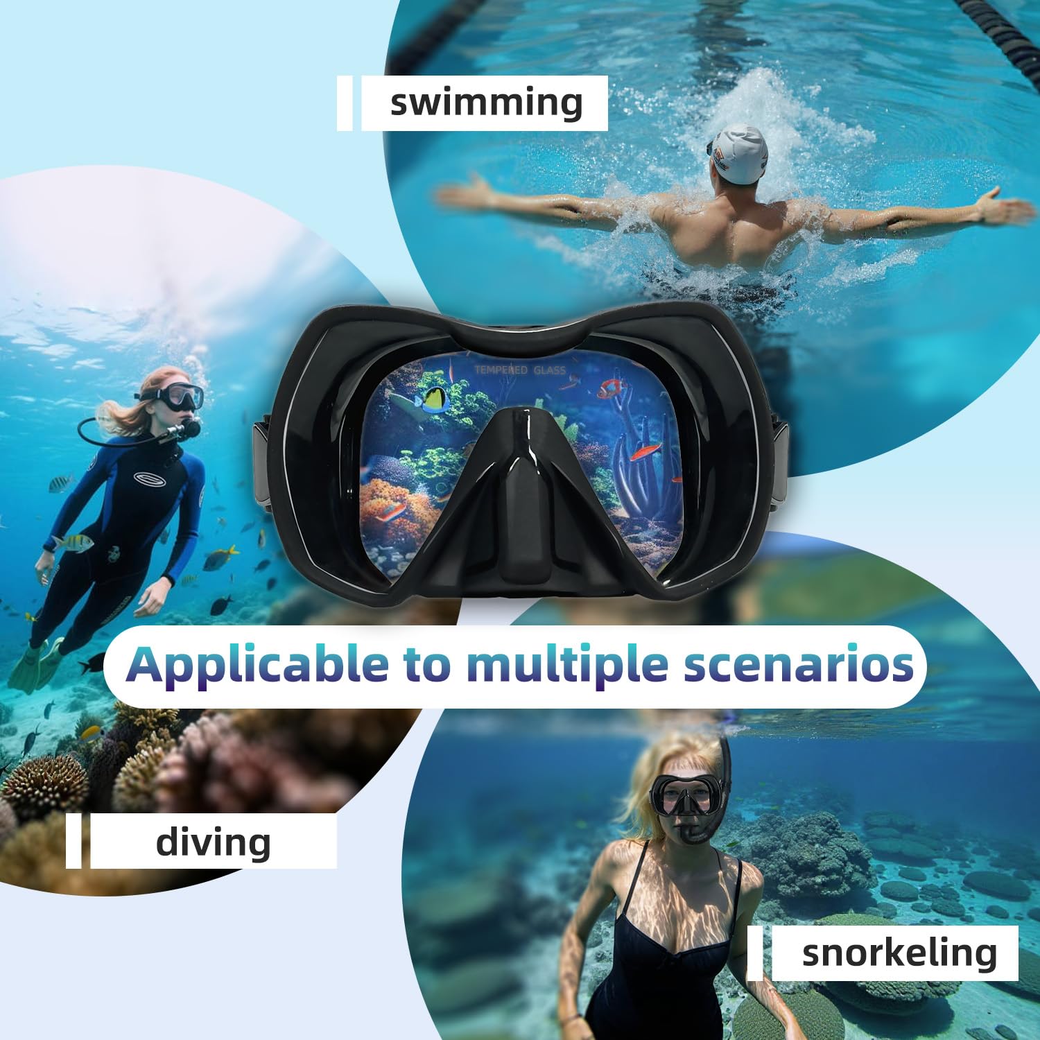 M120 - Máscara de buceo panorámica HD de silicona, antivaho de 180°, gafas de buceo de vidrio templado, gafas de buceo para adultos y jóvenes, gafas de natación para buceo, esnórquel y