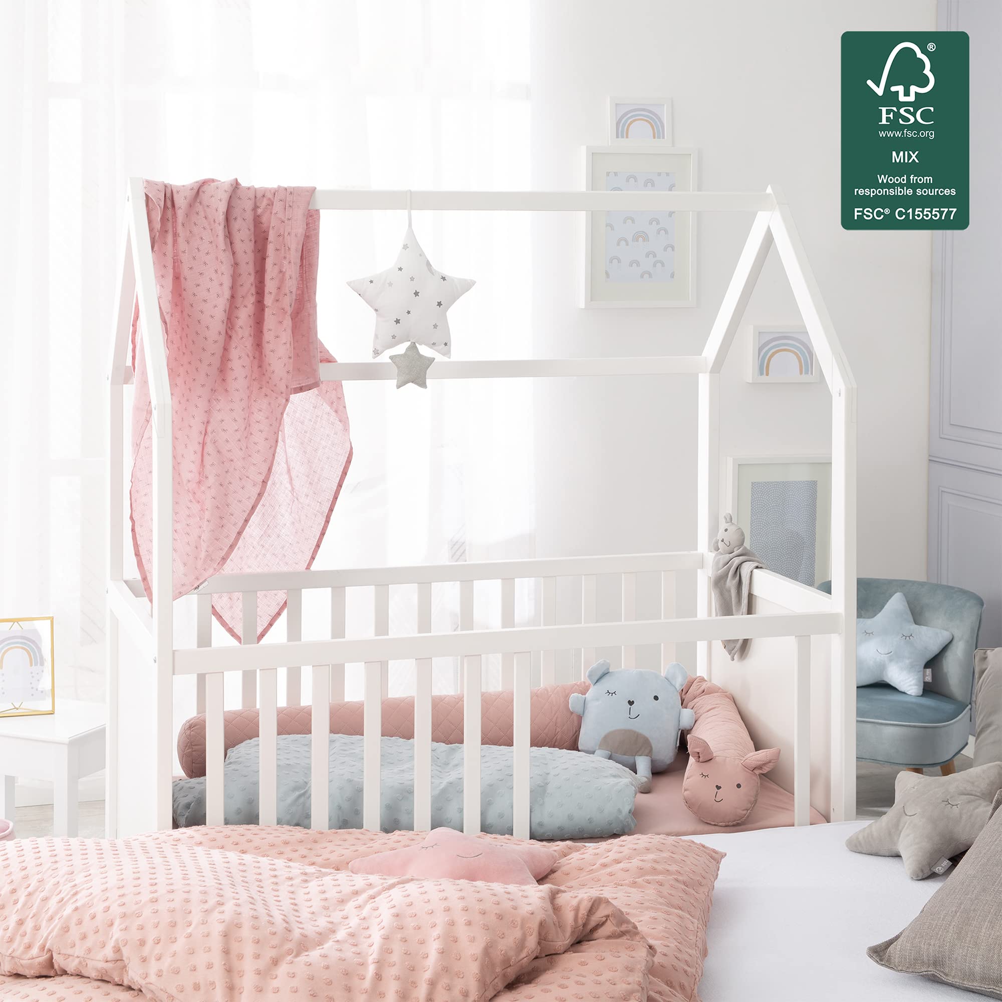 roba Lit Bébé Cabane 60x120 cm avec Plan et Matelas à Langer - Convertible et Réglable en Hauteur - Blanc