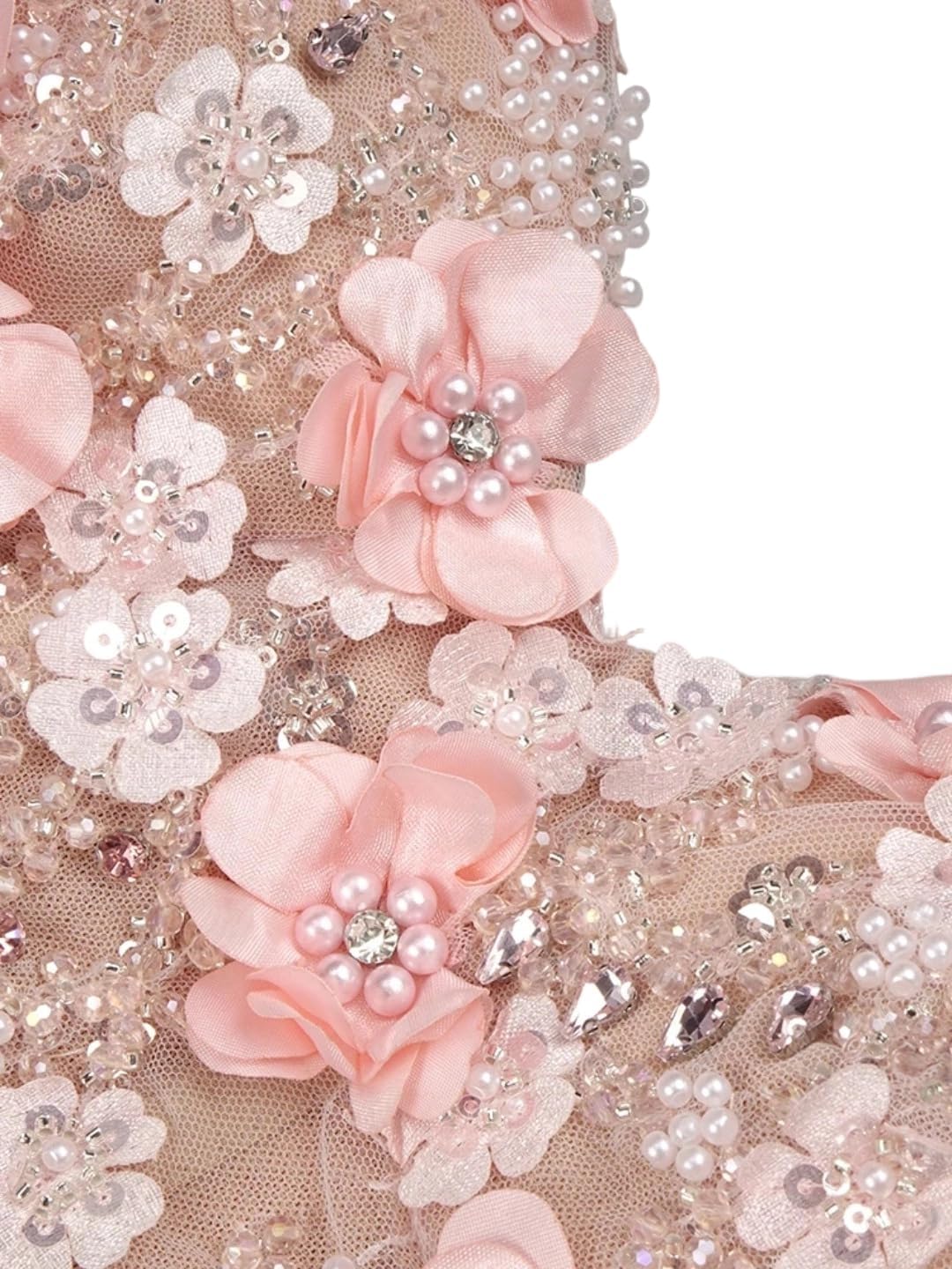 Women's Beaded Halter top with Pearl Sequins, Three-Dimensional Floral Embellishments, high Slit, Sheer mesh Dress