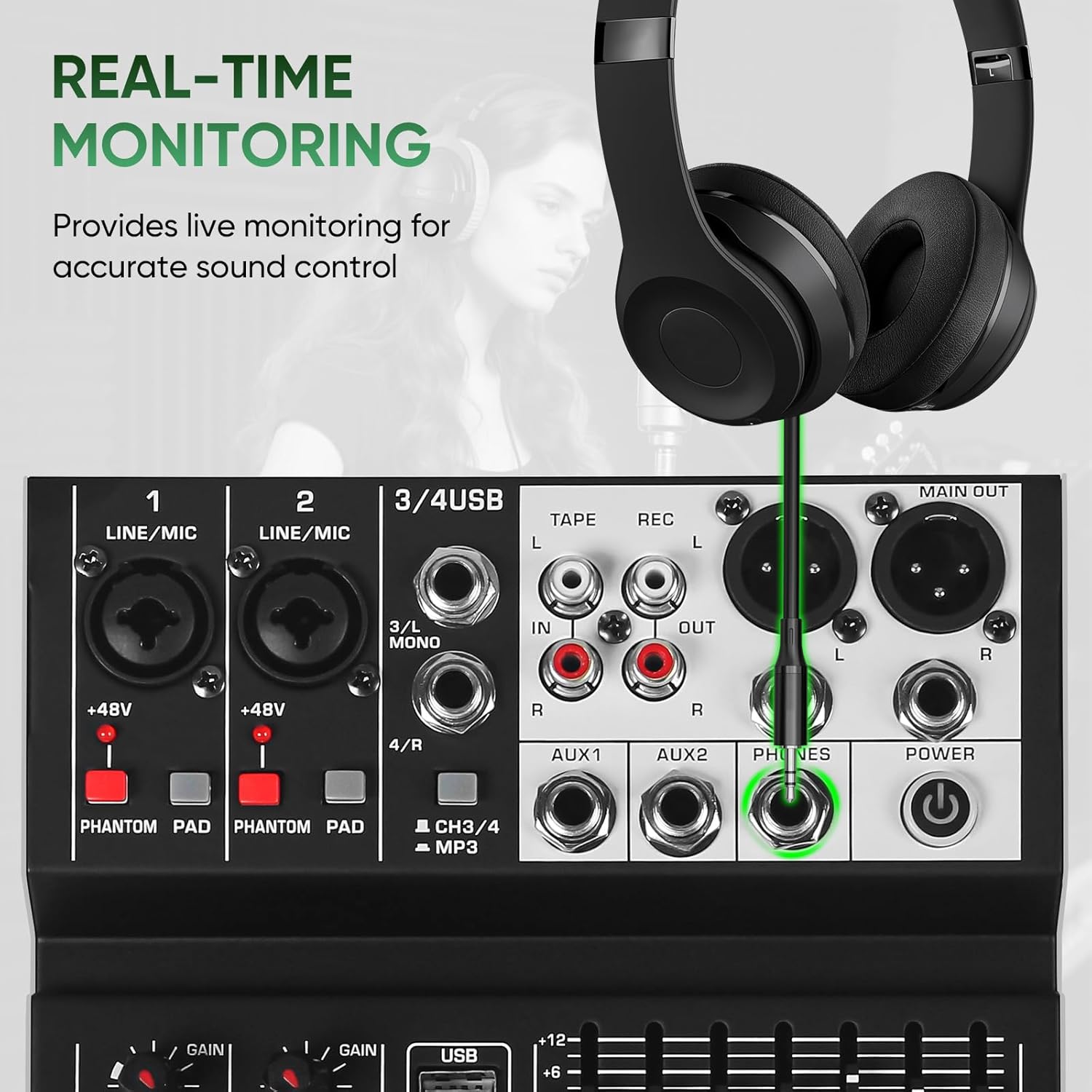 Audio Mixer 4 Channel Sound Mixer Console, Professional Music Mixing Board DJ Mixer w/ 99 DSP, 7-band EQ, USB, Bluetooth, 48V Phantom Power & PAD Function for Recording PA Live Streaming