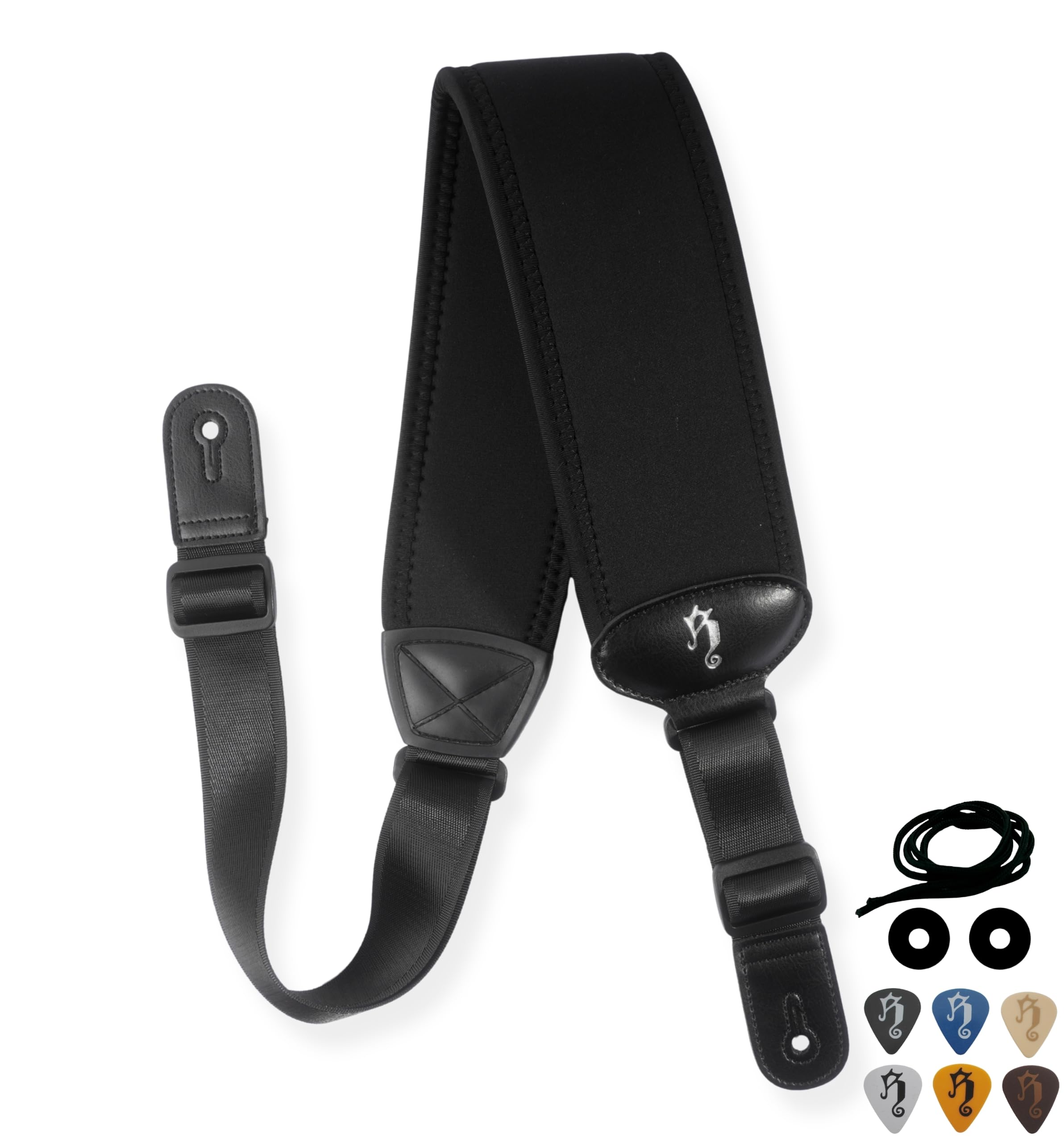 rockyou Tracolla per chitarra in neoprene con cuscino Ergo-Spread | Sollievo della pressione sulla spalla, include 6 plettri e serrature, design ergonomico curvo, estremità in pelle resistente