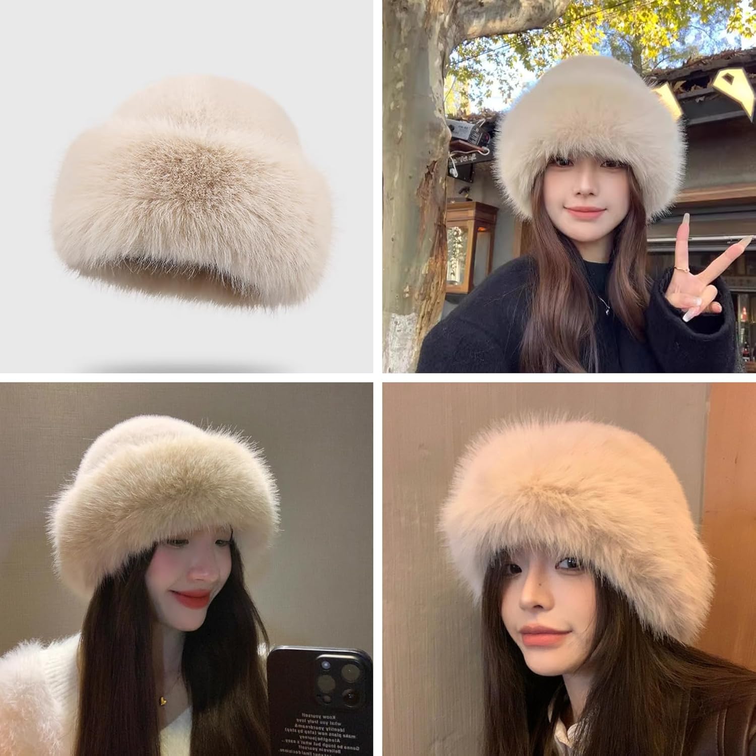 ZGMYC Faux Fur Trimmed Beanie Hats for Women Girls Russian Style Furry Winter Bucket Hats Warm Ski Snow Hat - Image 6