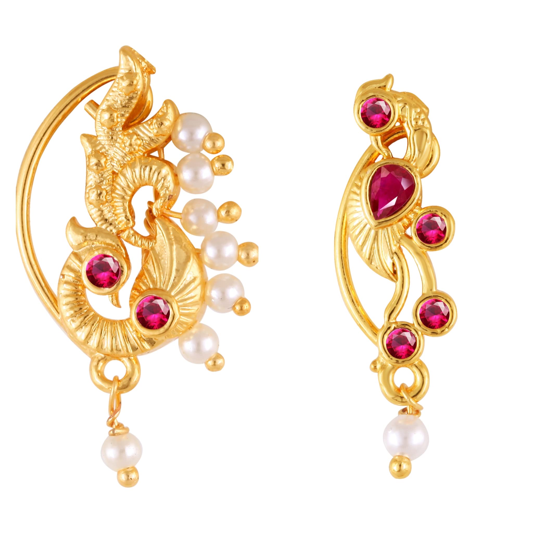 Vivastri Premium Gold Plated White Pearl,Moti Beaded Alloy Nath,Nathiya,Nosepin,Nosering,Guttapusalu For Women & Girls -VIVA1150-1158NTH-Press-Red