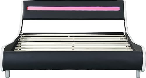 Miniatura 7 de Base de cama LED tapizada con cabecero, marco de cama inteligente Queen, plataforma de perfil bajo, soporte de listones de madera, no necesita