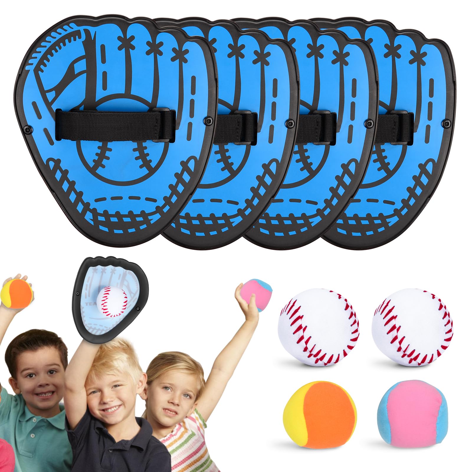 BOOSTEADY Ensemble de Balles à Lancer et à Attraper, Jeu Catch Ball et Toss avec 4 Balles Adhésives & 4 Gants de Baseball, Jeux de Jardin en Plein Air pour Adolescent