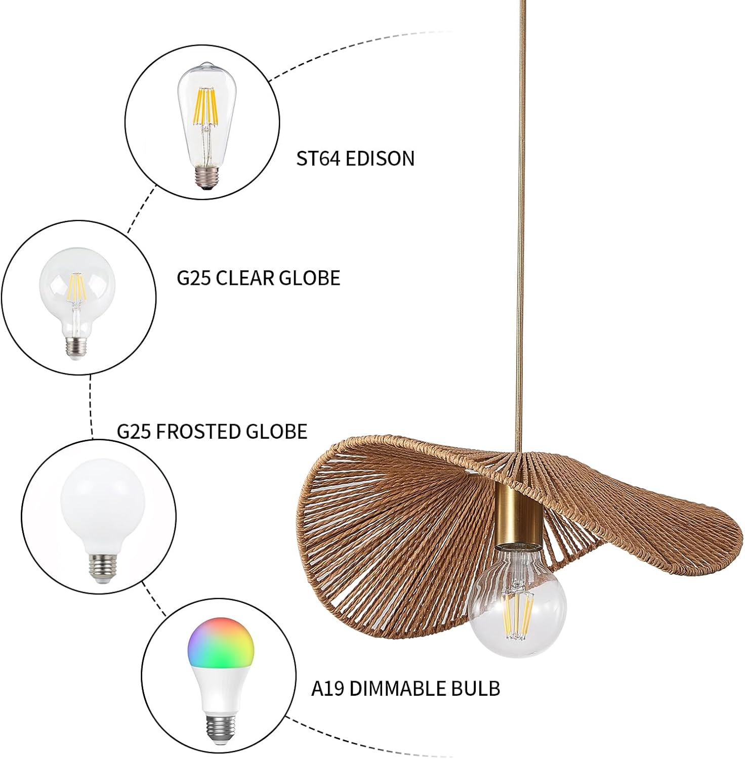 Boho Rattan Pendant Light Fixture Modern Style Hanging Light Bamboo Handwoven 1-Light Hanging Lamp for Farmhouse Bedroom Living Room Dining Room