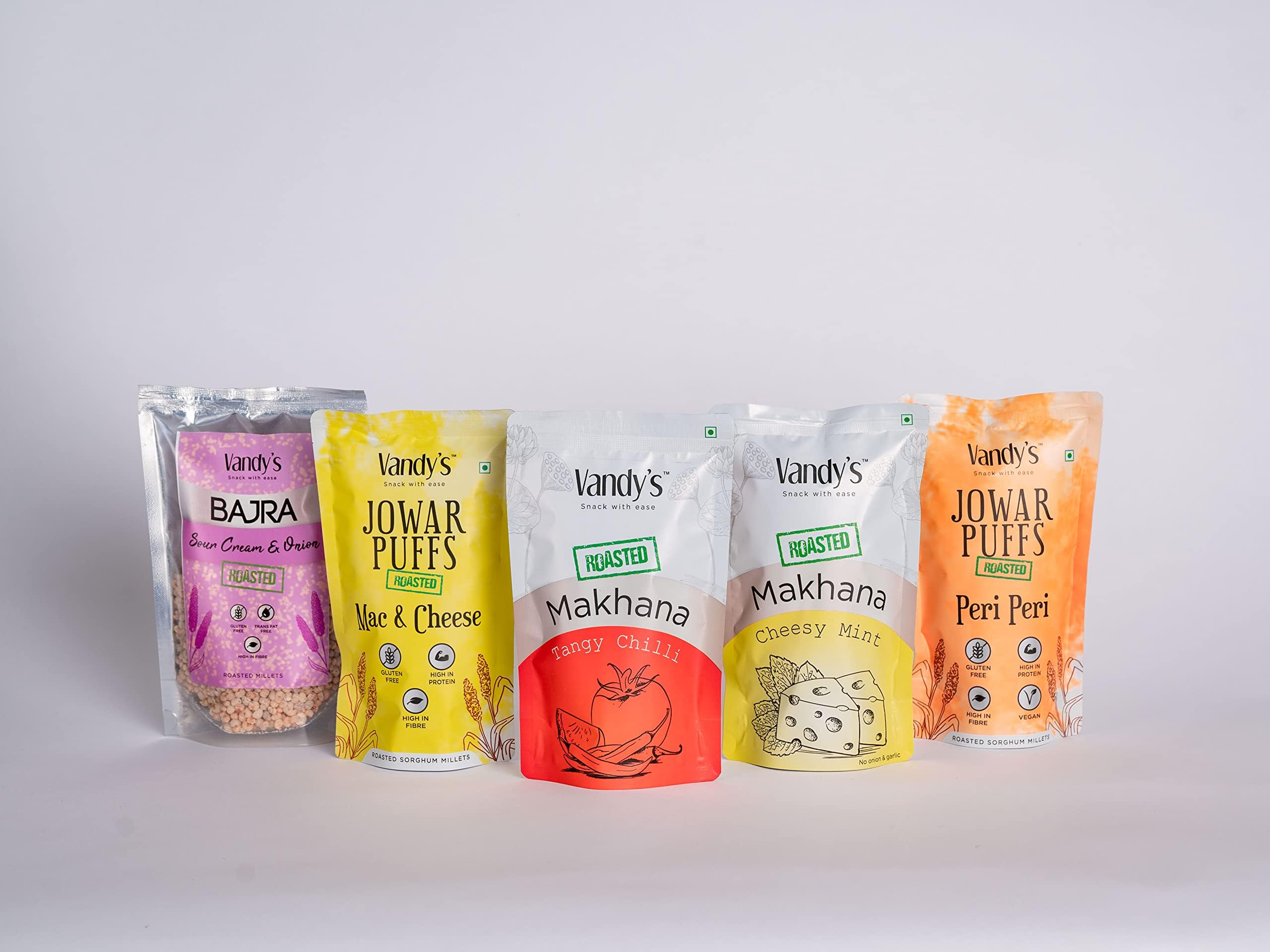 Vandy's Snacks |Combo Pack of 5 Snacks | Roasted Makhana, Jowar Puffs & Bajra Snacks | Gluten-free snack | Guilt-free snacking | Assorted Flavours Cheesy Mint Makhana | Tangy Chilli Makhana | Mac N Cheese Jowar Puffs | Peri Peri Jowar Puffs | Sour Cream & Onion Bajra | 395g