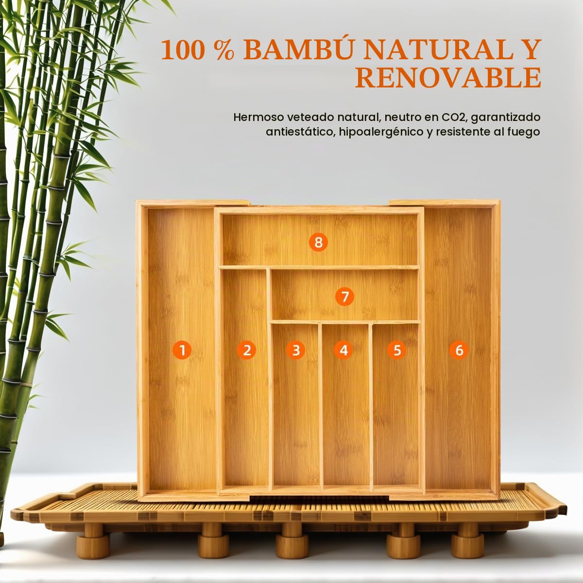 Organizador de cubiertos de bambú de lujo para cajones, extensible, 33 a 52 x 43 x 5 cm, 6 a 8 compartimentos, organizador de cubiertos, organizador de cajón para cucharas, tenedores